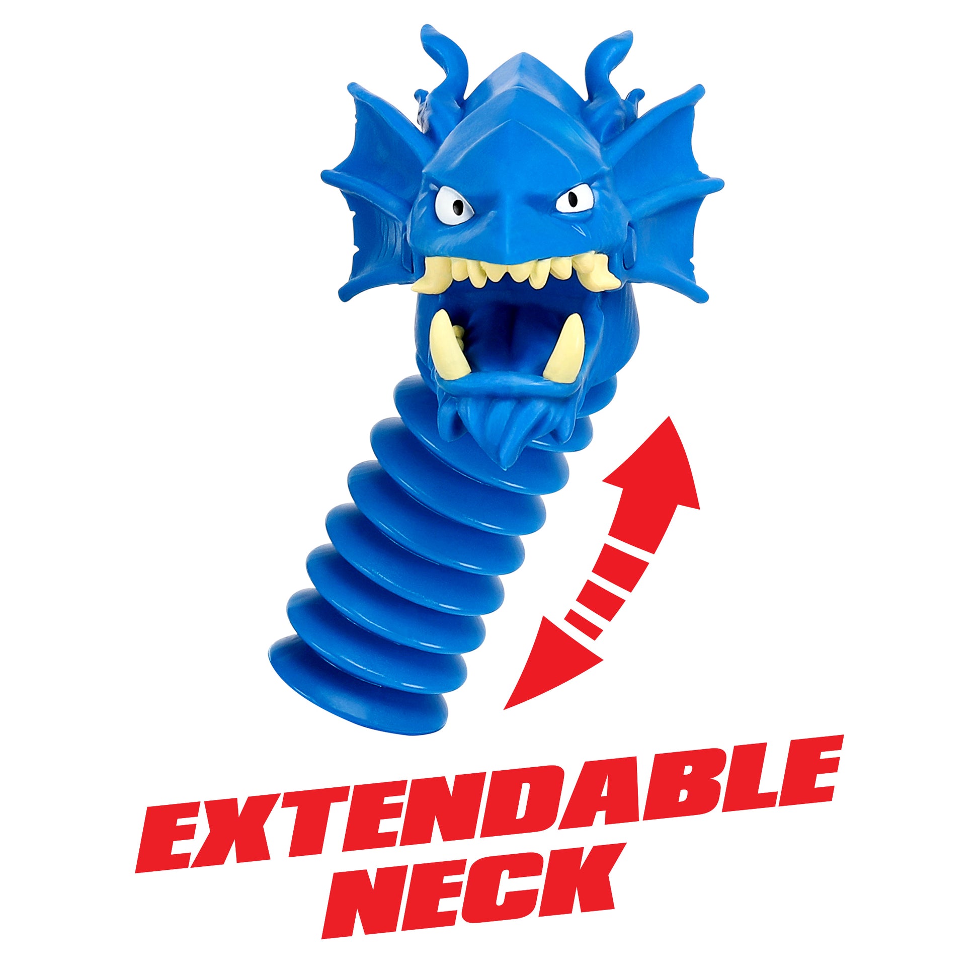 Blue extendable neck toy with a red arrow and text on a white background