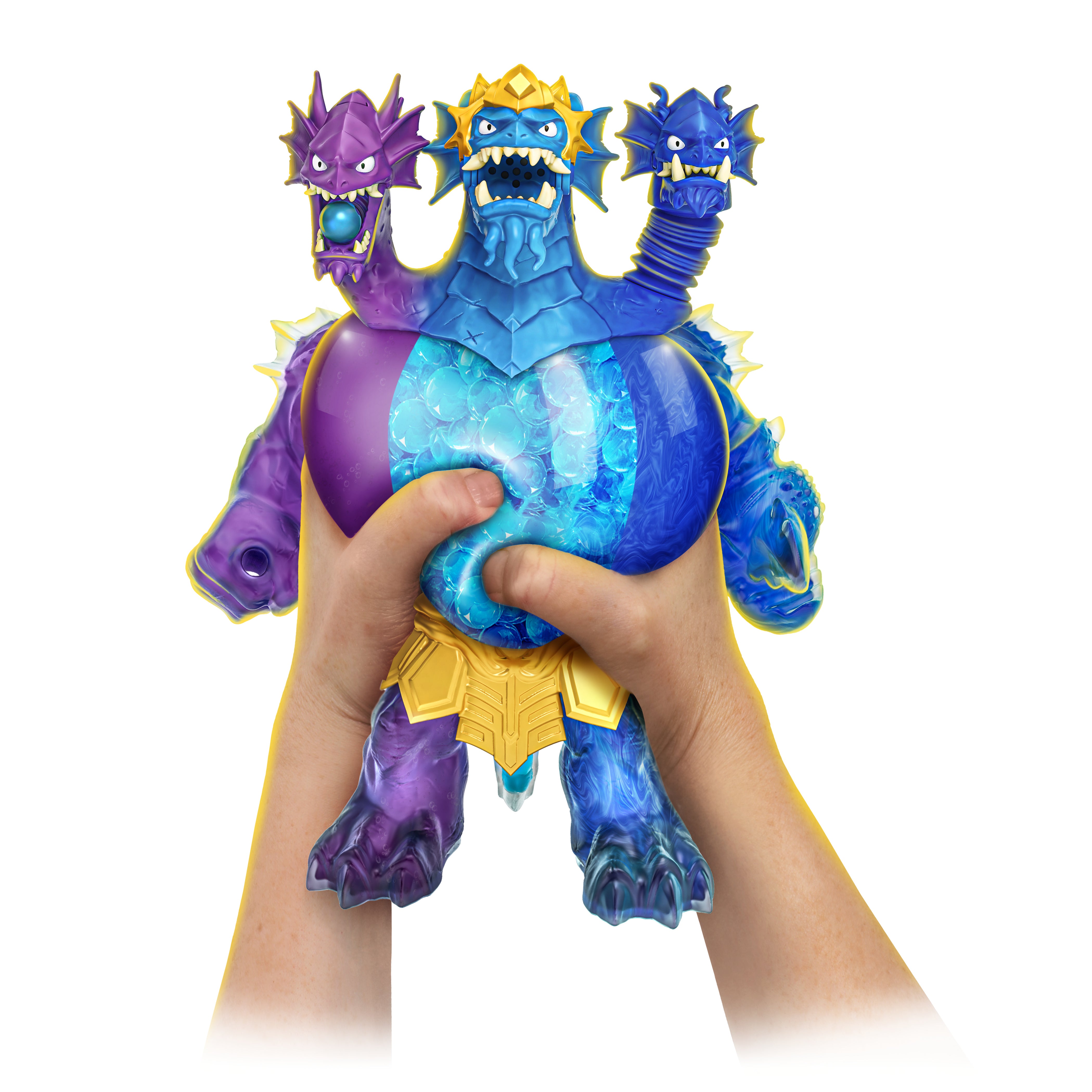 Colorful dragon-shaped toy held by a hand on a white background