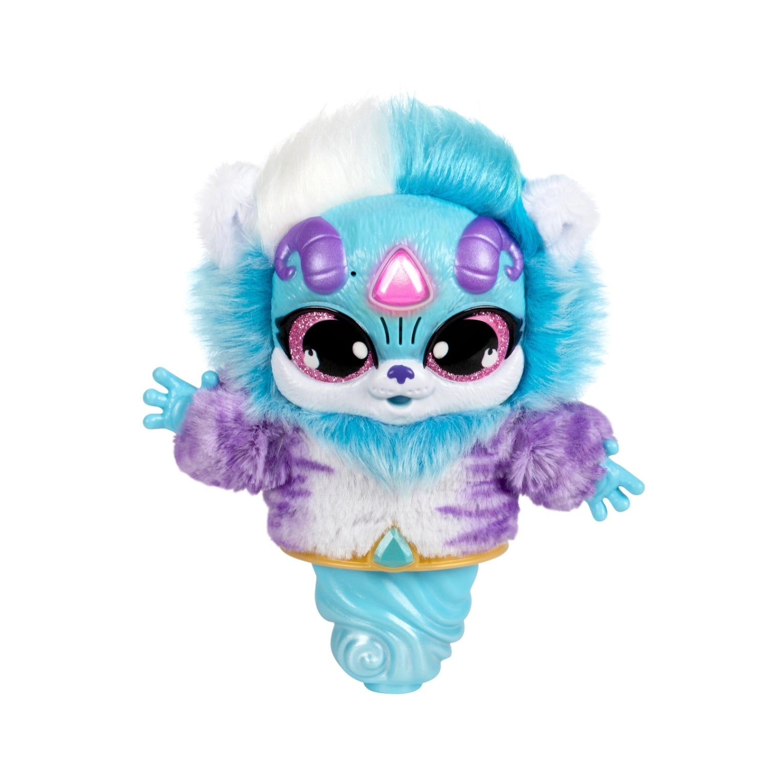 Toy figure with blue and purple fur on a white background
