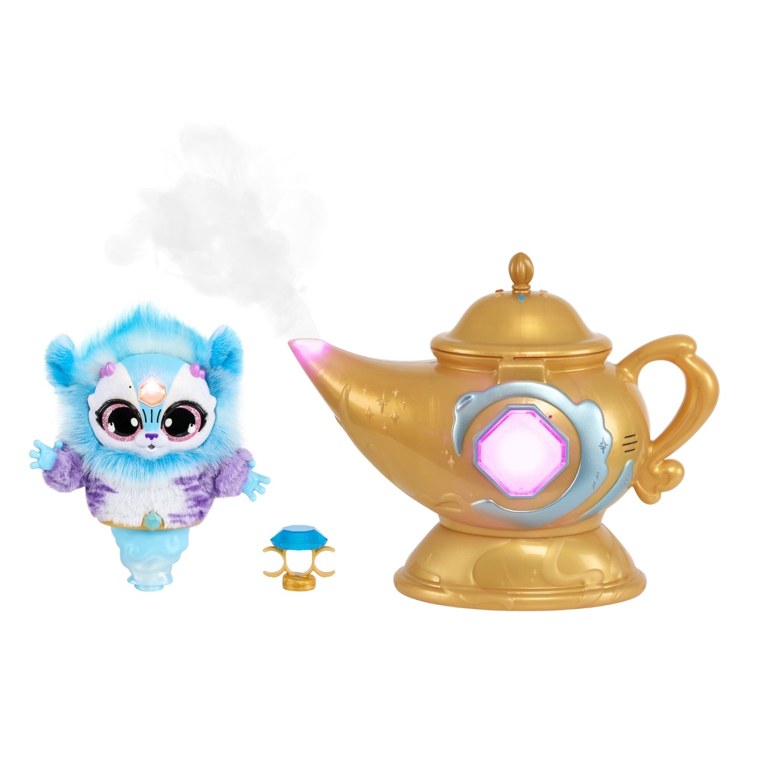 Toy figure of a blue creature next to a golden lamp with a glowing pink gem on a white background