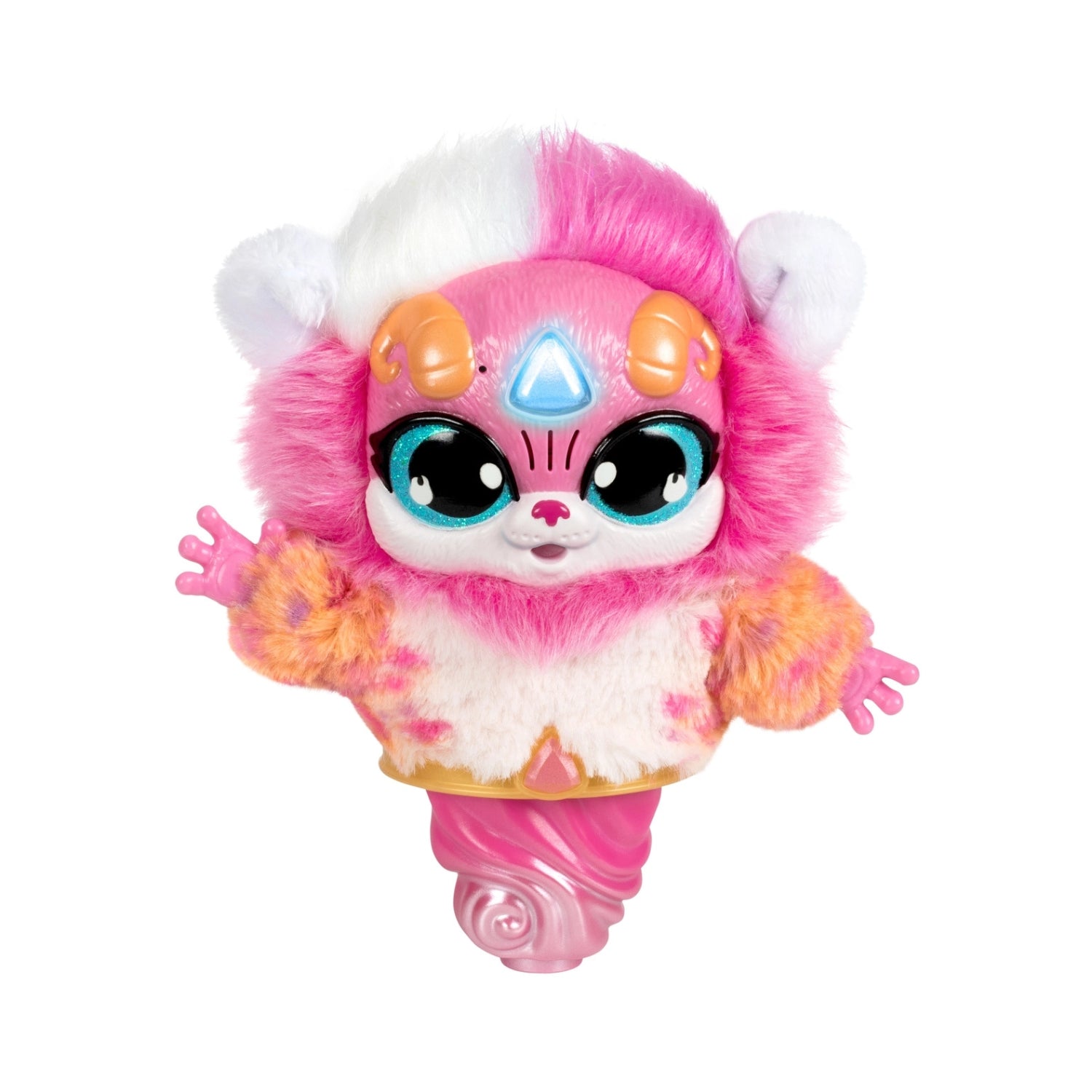 Colorful toy figure with pink fur and white accents on a white background