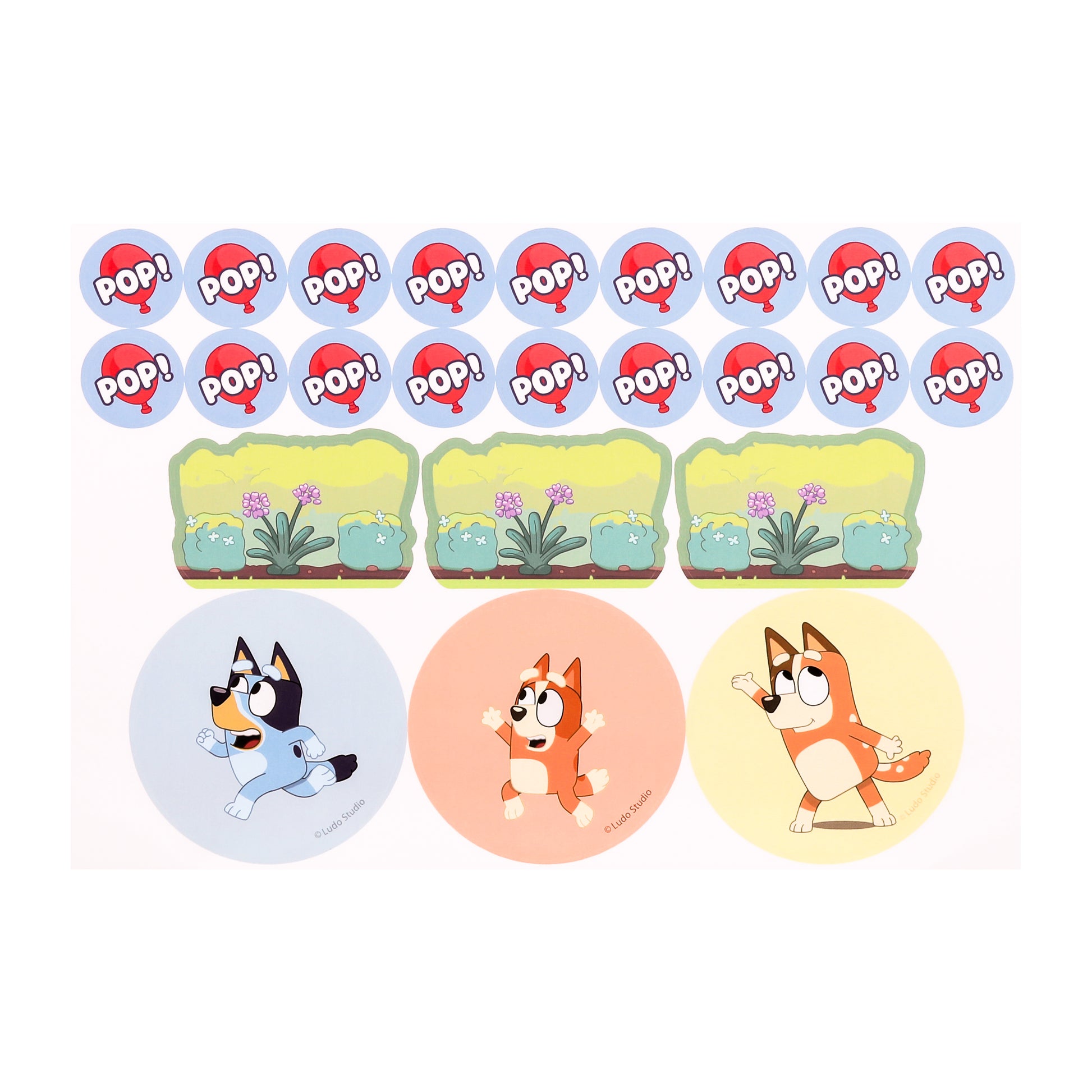 Set of cartoon character stickers with 'POP!' labels on a white background