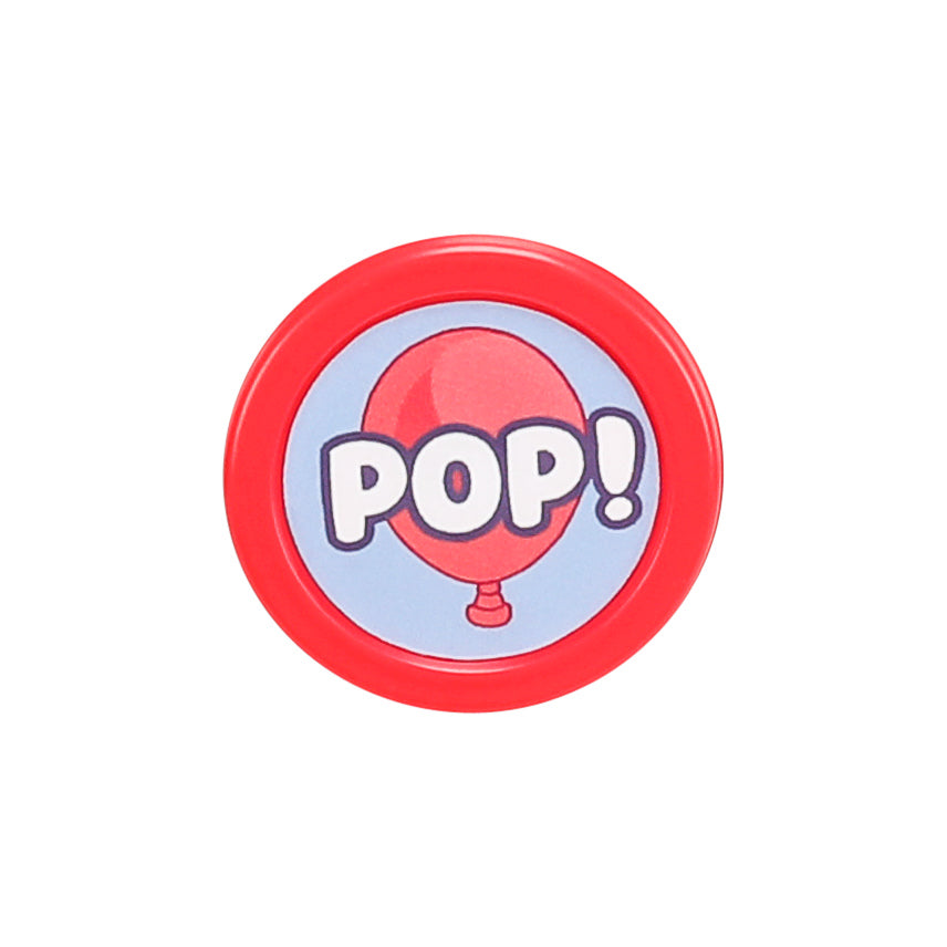 Circular object with red border and 'POP!' text on a white background