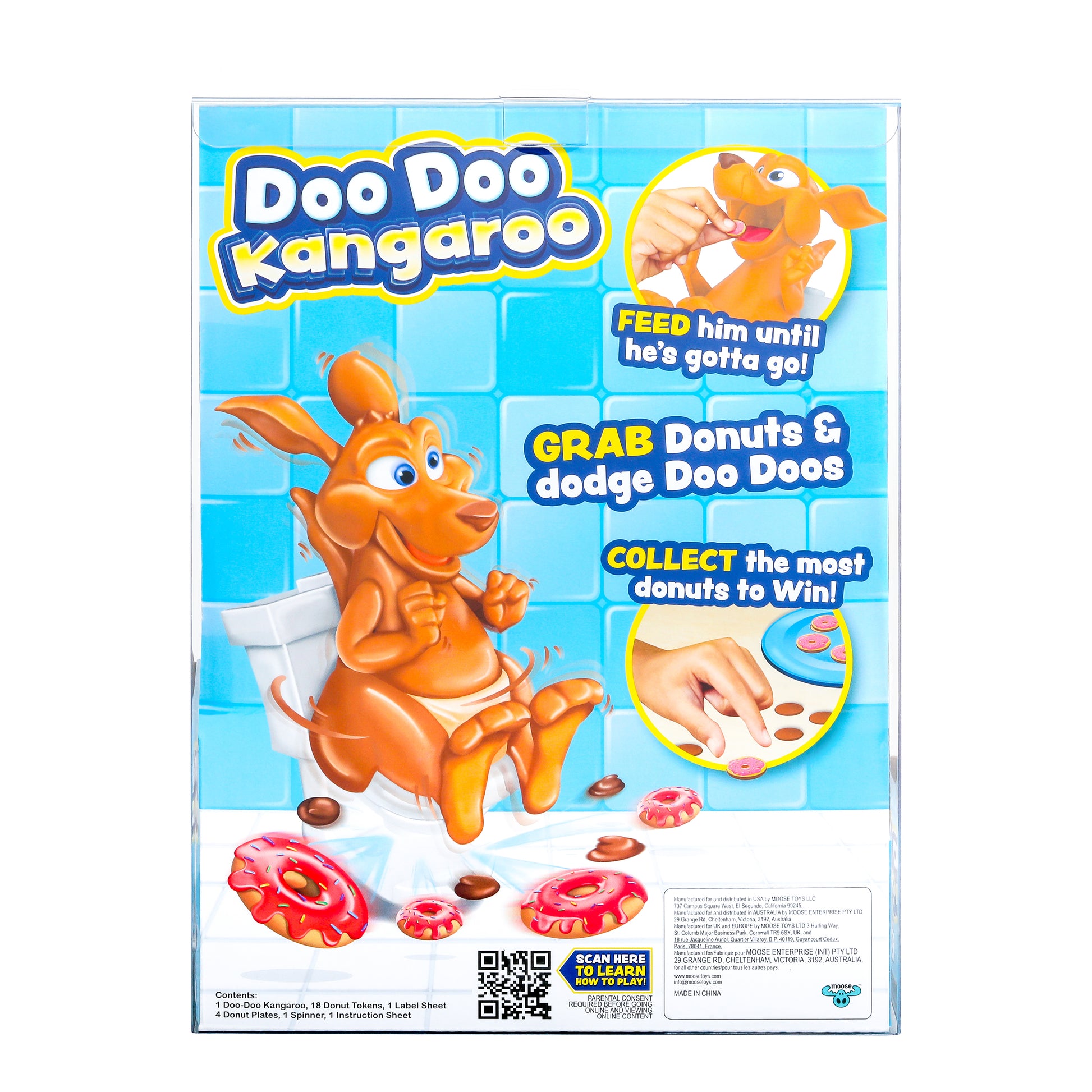 Doo Doo Kangaroo toy packaging with cartoon kangaroo and game instructions on a blue background