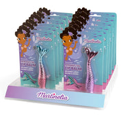 Martinelia Mermaid Tail Lip Gloss display features green apple and cherry flavors, with metallic pink and blue mermaid tail-shaped tubes and a cartoon girl on the packaging—all arranged on a branded stand for fruity lip gloss fans.
