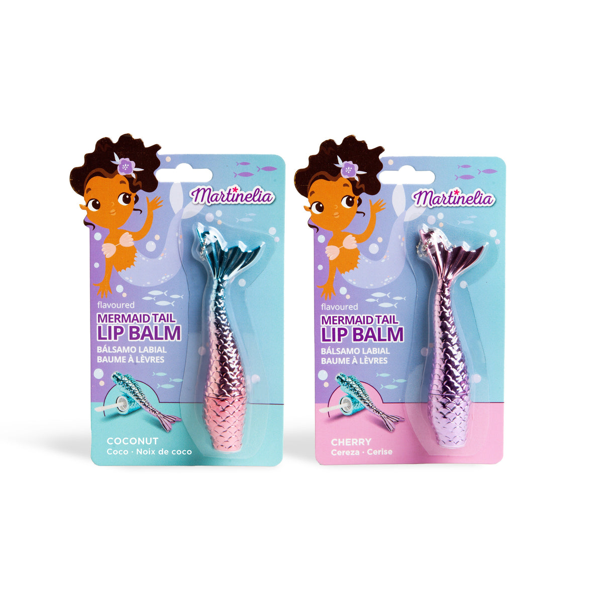 Enjoy two Martinelia Mermaid Tail Lip Glosses by Martinelia, in pink and purple mermaid tail packaging with cute cartoon mermaid art. Available in coconut and cherry flavors.