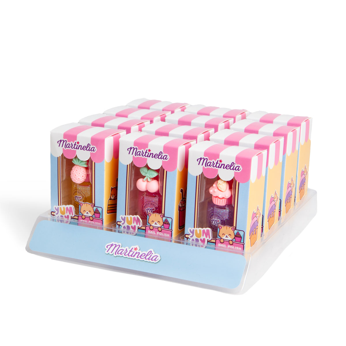 A display of Martinelia Yummy Nail Polish With Ring in colorful boxes with dessert designs and cute illustrations—ideal gifts for tweens—arranged neatly on a branded stand.