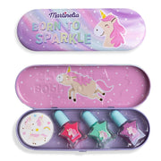 The Martinelia Little Unicorn Nail Polish & Stickers set by Martinelia features a pastel unicorn theme, a "Born to Sparkle" tin, three star-shaped polishes, a unicorn compact, stickers, and cute unicorn art on a pink background.