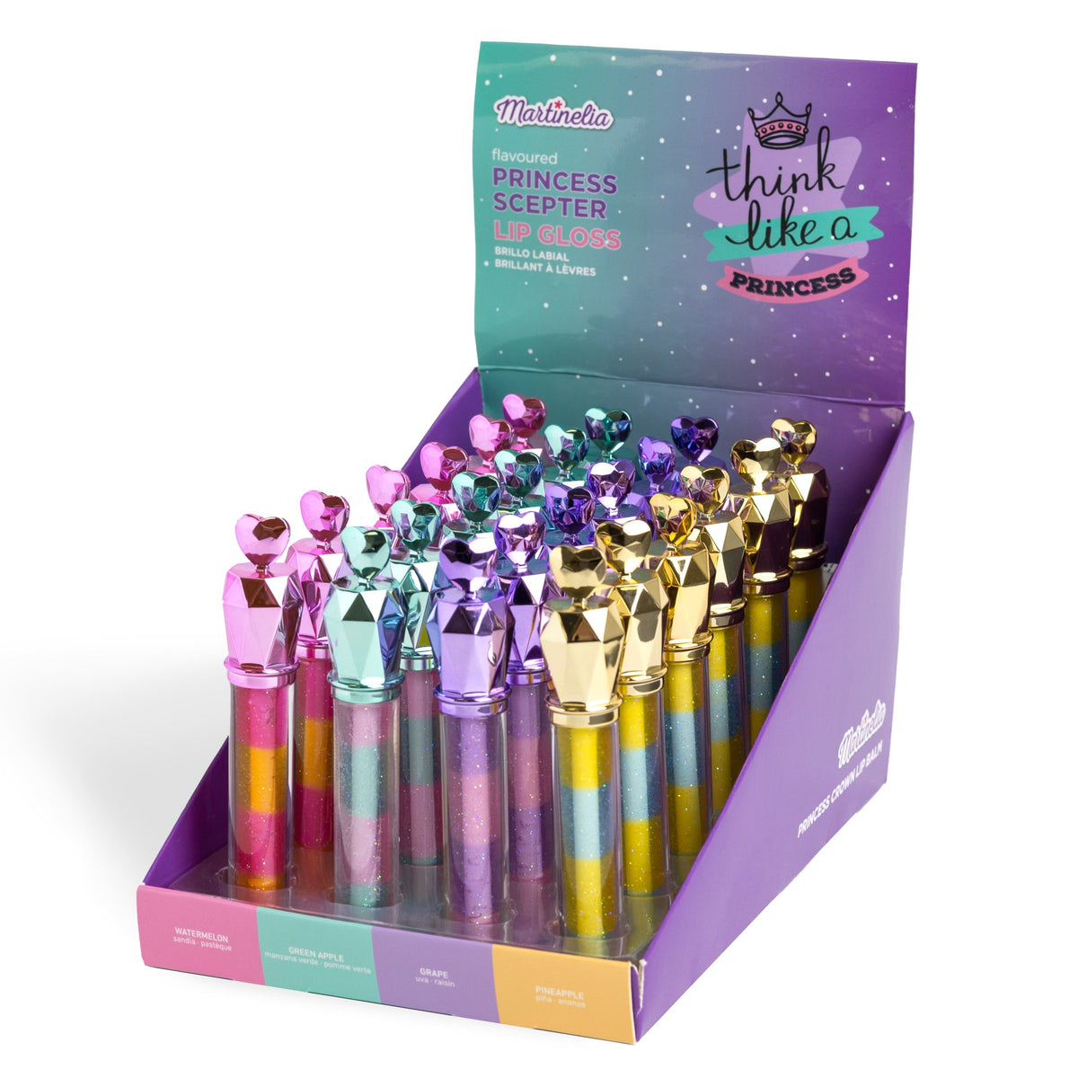 A vibrant Martinelia display box holds several Martinelia Royal Scepter Lip Gloss tubes, each with a jewel-shaped gold or purple cap and sparkling layered colors. The box displays the message: think like a PRINCESS.