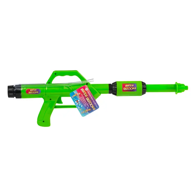 A green plastic pump-action water blaster with a handle and trigger, labeled "We're Always Thinking Water Bazooka" by We're Always Thinking. A colorful product tag is attached near the trigger.