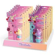 Martinelia Unicorn Tongue Lip Balm features unicorn-shaped containers and vibrant packaging in strawberry and marshmallow flavors, arranged on a white and pink stand. Ideal kids' lip balm for magical smiles!.