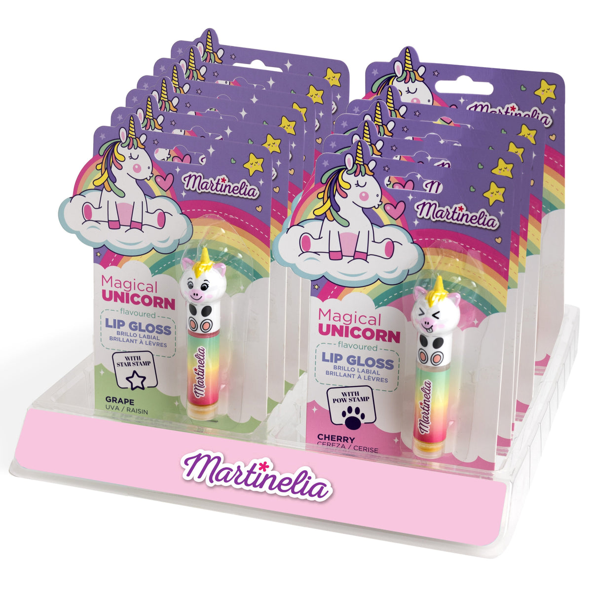 Display stand holding multiple packages of Martinelia Magical Unicorn Tattoo Lip Gloss by Martinelia, each with a unicorn theme and colorful packaging featuring rainbows, stars, and sparkling glitter accents.