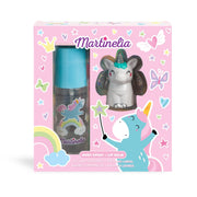 The Martinelia Unicorn Sweet Dreams Body Spray & Lip Balm set comes in a pink box with unicorn artwork, stars, rainbows, butterflies, and hearts. Includes a unicorn-shaped lip balm holder and body spray—perfect for kids’ self-care.