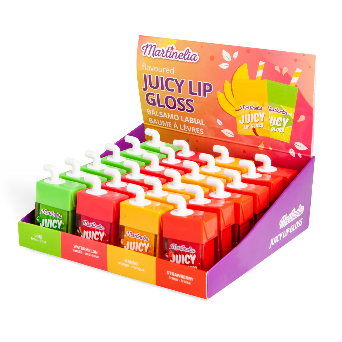 A vibrant Martinelia Juicy Flavored Lip Gloss display box features four fun flavors—lime, watermelon, mango, and strawberry—in cute carton-shaped containers with straw-shaped applicators.