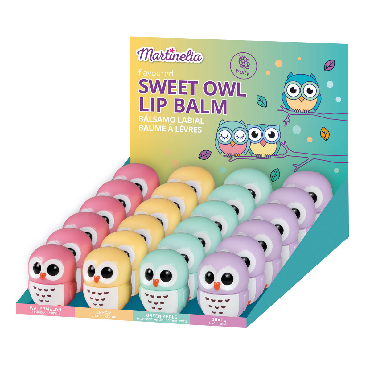 Martinelia Sweet Owl Lip Balm by Martinelia: a fruity balm collection in pastel owl-shaped containers (pink, yellow, green, purple) with watermelon, cream, green apple & grape flavors—displayed against a colorful owl-themed backdrop.