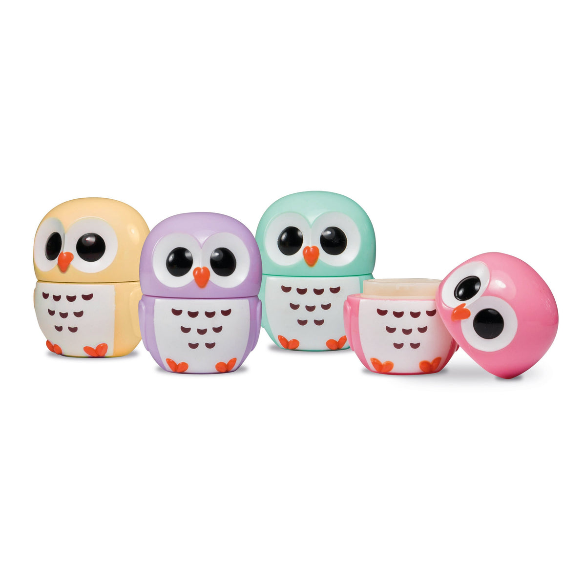 Four Martinelia Sweet Owl Lip Balm containers by Martinelia, each with wide eyes and heart-shaped feet, are lined up. The yellow, purple, and green owls are closed; the pink owl is open with its top next to its base.