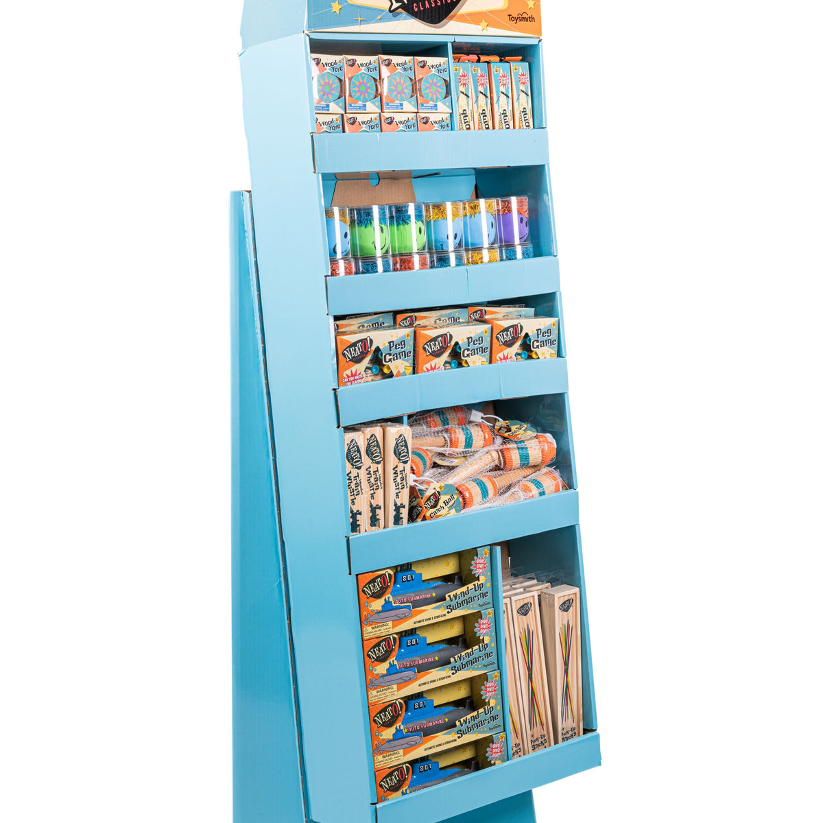 The 2024 Neato! Pre-Filled Display by Toysmith is a compact blue corrugate unit stocked with boxed and packaged food-themed Neato items, neatly organized on angled shelves for convenient browsing.