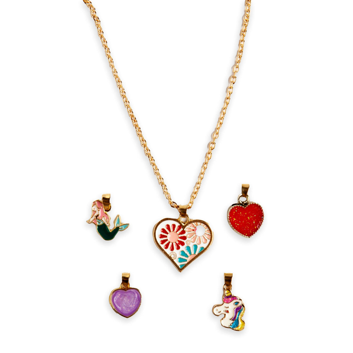 The Martinelia Door Hanger Necklace by Martinelia is a gold chain with a large heart-shaped pendant featuring colorful floral and cute designs, plus five small charms: a mermaid, red heart, purple heart, unicorn, and floral heart.