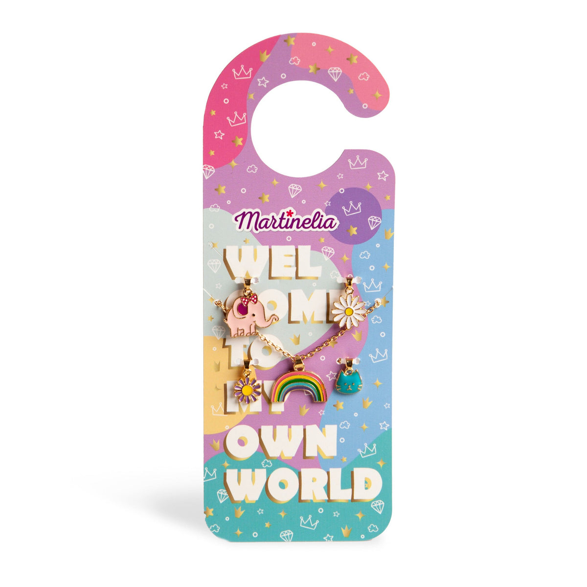 Martinelia Door Hanger Necklaces by Martinelia feature a colorful hanger with "Welcome to my own world" text and gold bracelets adorned with unicorn, rainbow, daisy, heart, star charms, and pink bead. Background includes crowns and cute heart drawings.
