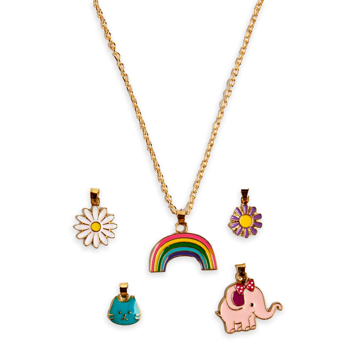 The Martinelia Door Hanger Necklace by Martinelia features a gold chain with five playful charms—a rainbow, white daisy, purple daisy, blue cat face, and pink elephant with a heart on its ear—bringing cute drawings to life.