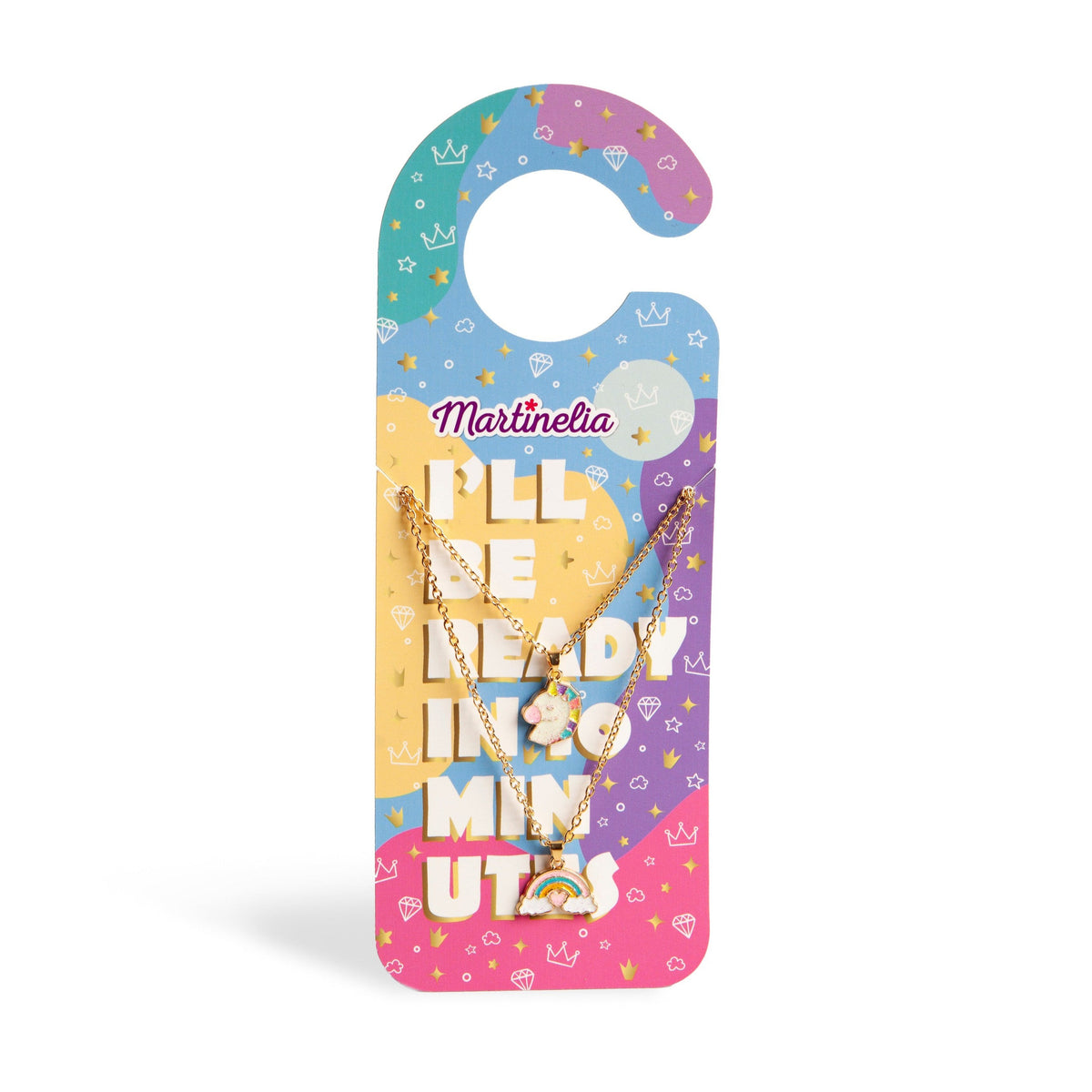 Martinelia Door Hanger Necklaces feature colorful packaging with playful drawings, the Martinelia logo, and "I’LL BE READY IN 20 MINUTES." A gold necklace with rainbow charms is displayed on the front in a door hanger style.