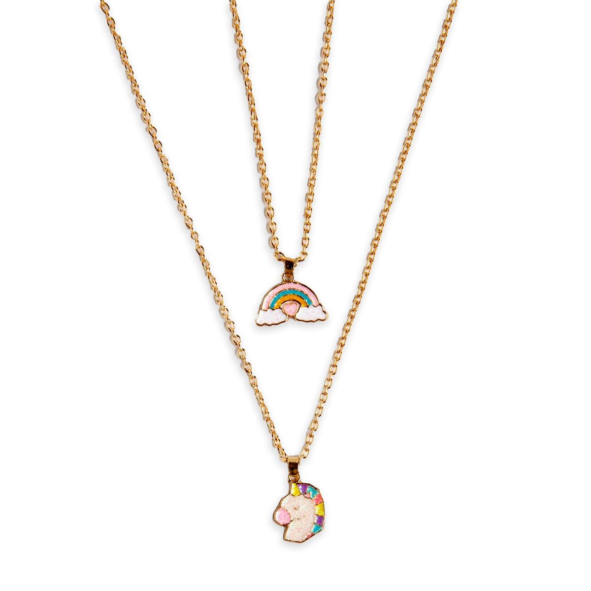 The Martinelia Door Hanger Necklaces by Martinelia feature two gold chains: one with a rainbow and clouds, the other with a unicorn head—both pendants display cute designs, colorful accents, and a shimmering finish.