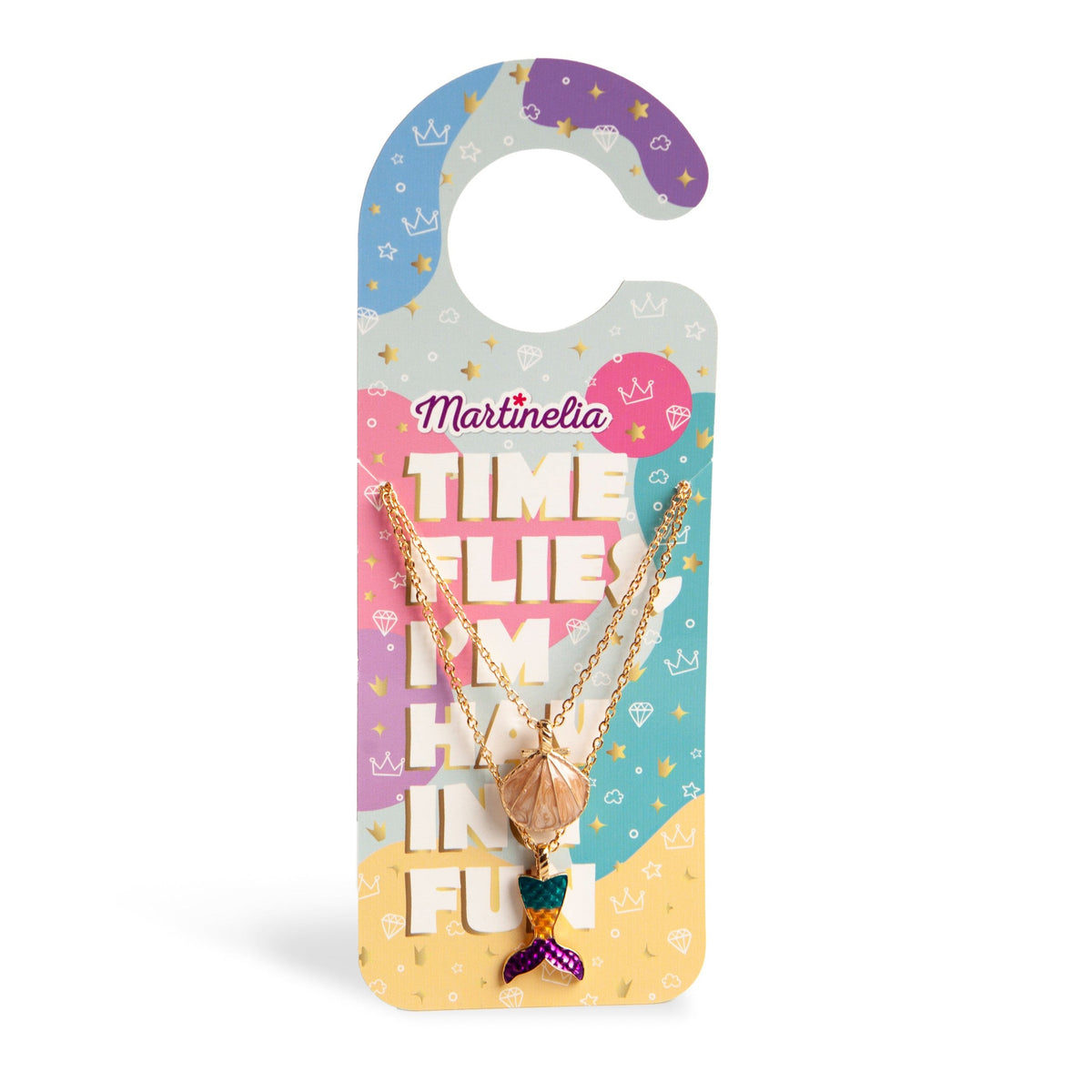 Martinelia Door Hanger Necklaces feature a pastel gradient door hanger with cute drawings and "Time flies. I’m having fun." text, plus a gold necklace with mermaid tail and shell charms hanging below. Brand name Martinelia is at the top.