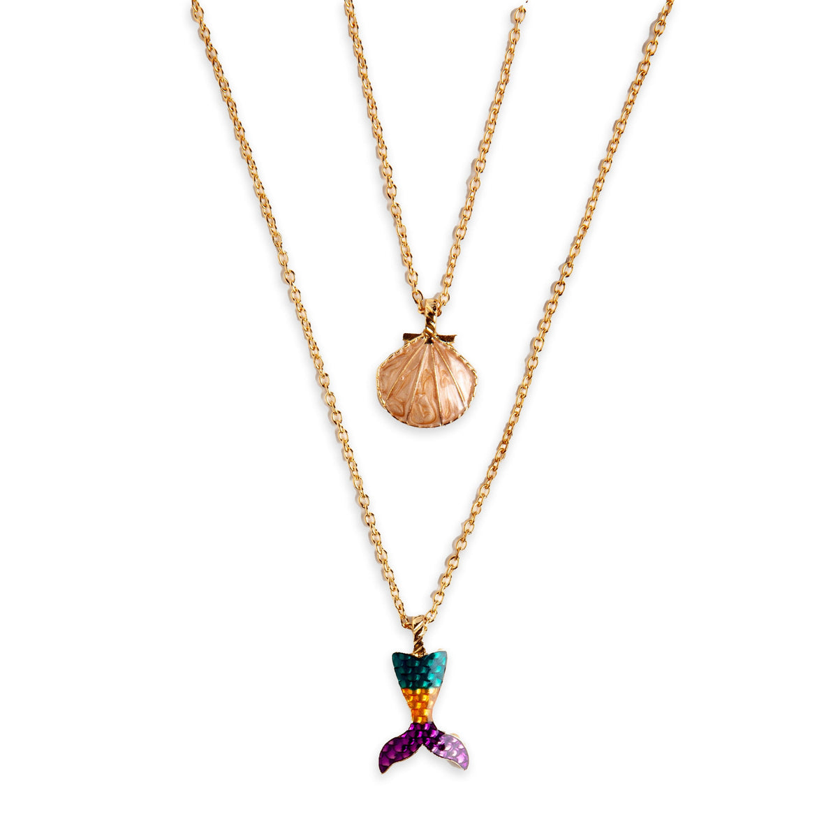Martinelia Door Hanger Necklaces by Martinelia feature two layered gold chains: the shorter one with a gold seashell charm, and the longer with a mermaid tail pendant in green, orange, and purple accents.