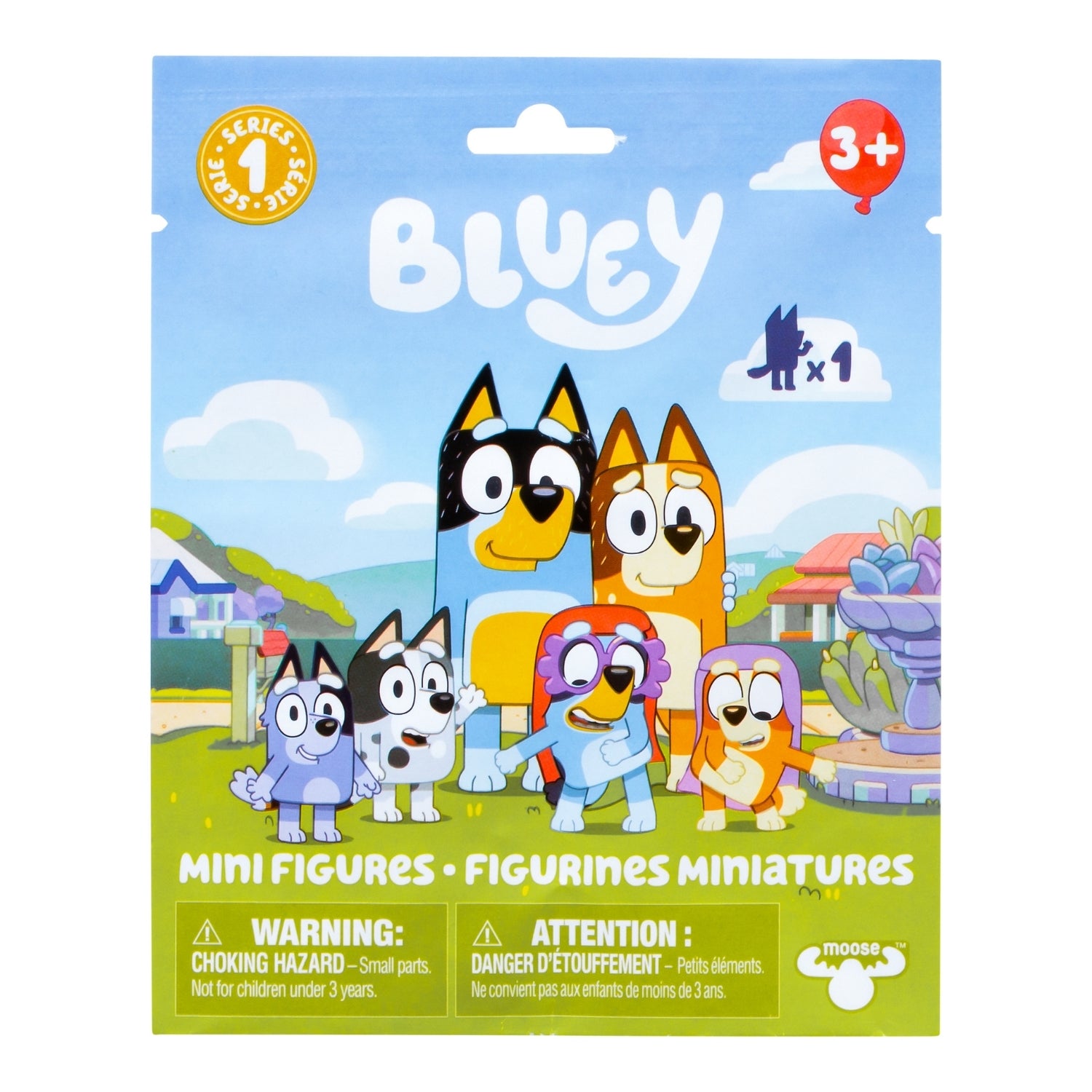 Packaging of Bluey mini figures with cartoon characters on a blue background