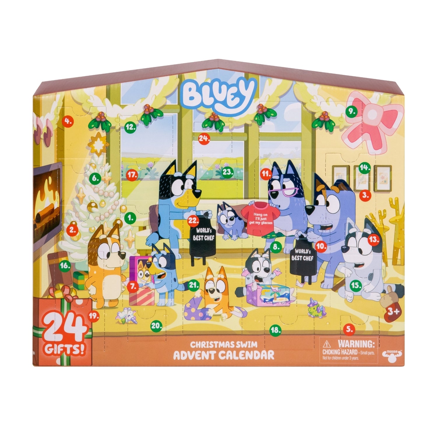 Bluey Christmas swim advent calendar packaging with characters and festive elements.