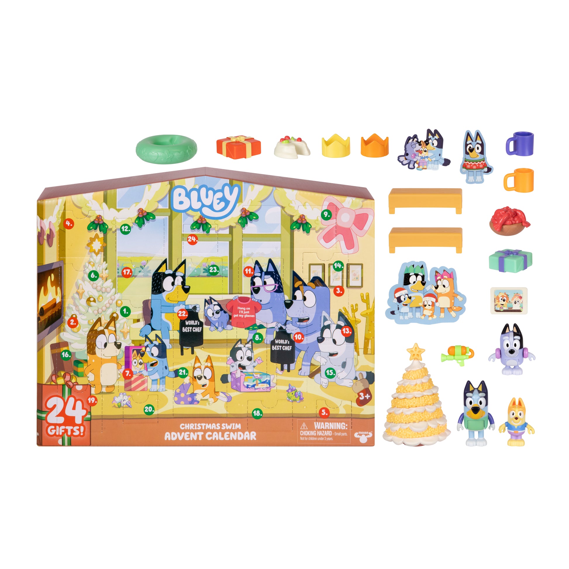 Bluey Christmas advent calendar with figures and toys on a white background