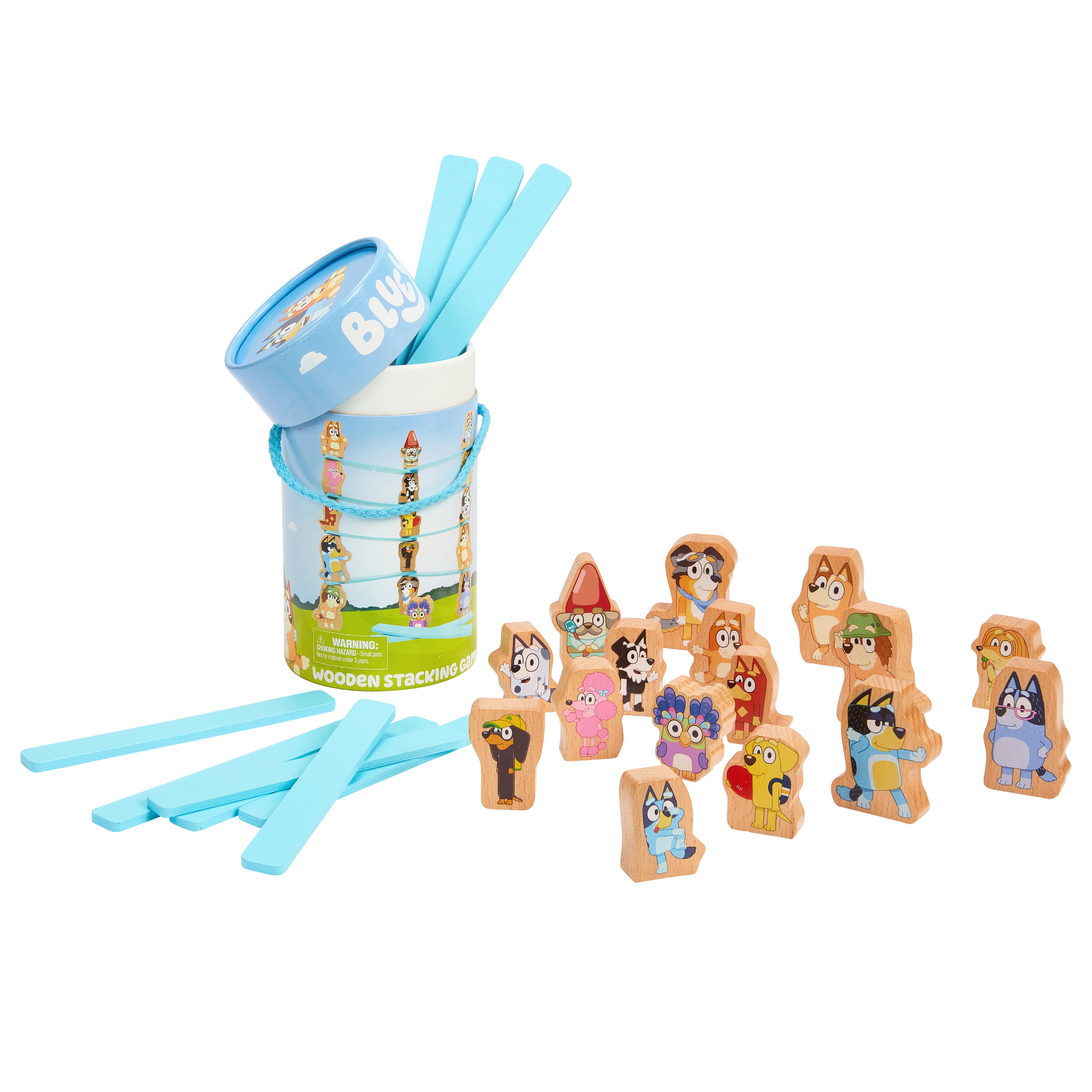 Wooden stacking toys with blue sticks and a container on a white background