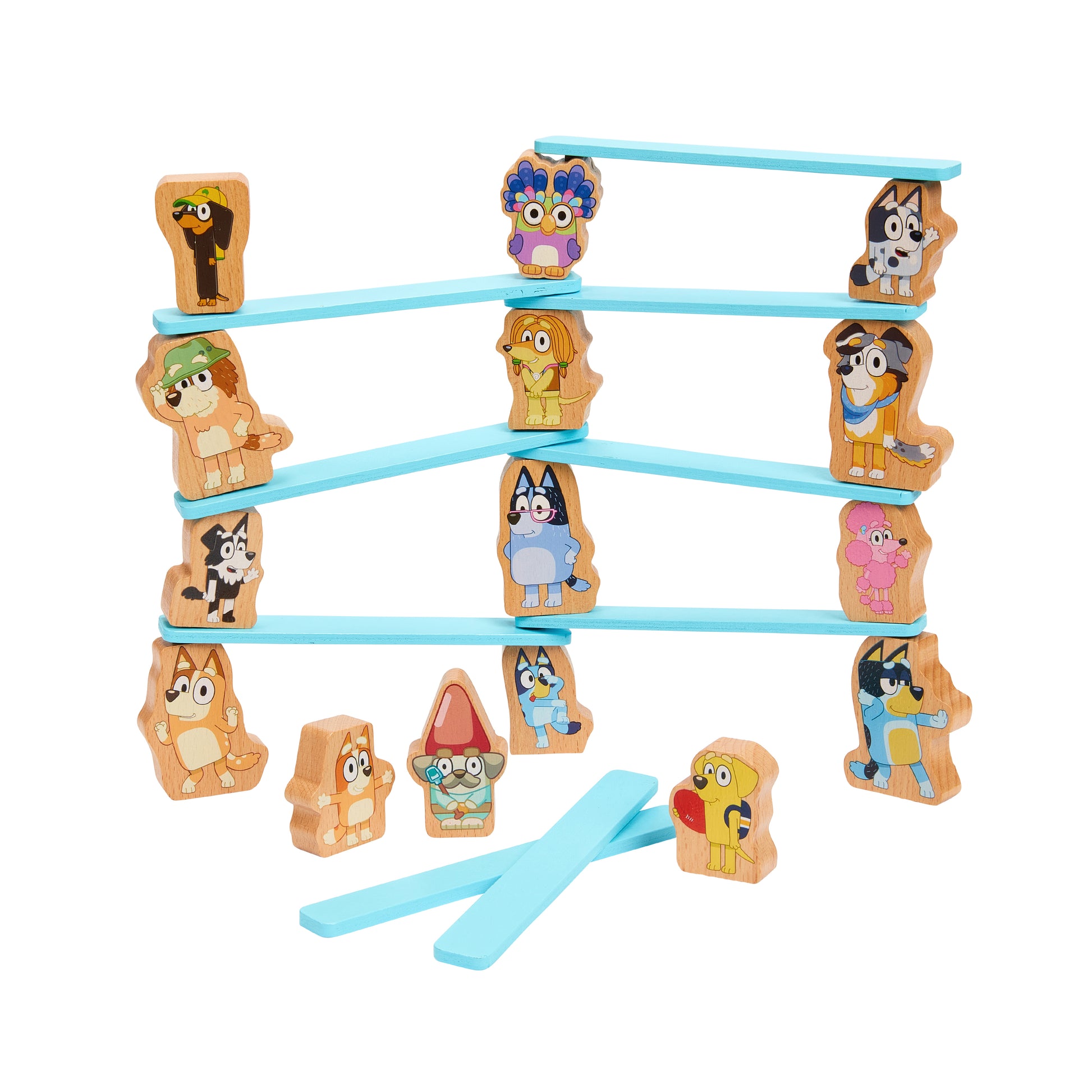 Toy set with animal figures and blue sticks on a white background