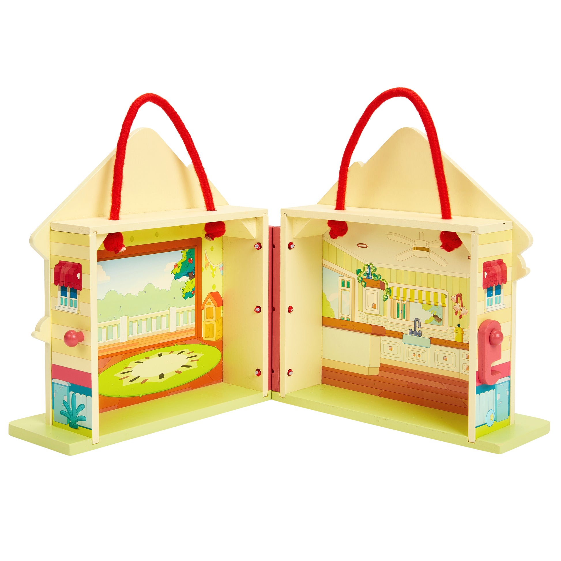 Toy house with colorful rooms on a white background