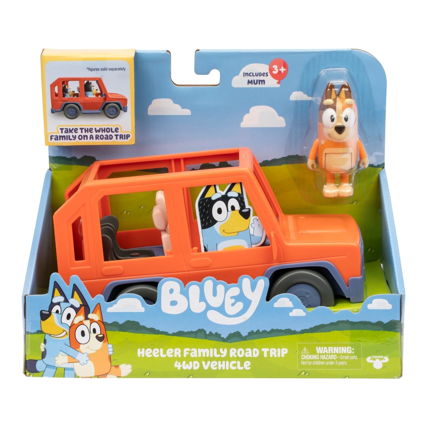 Toy 4WD vehicle in packaging with 'Bluey' branding