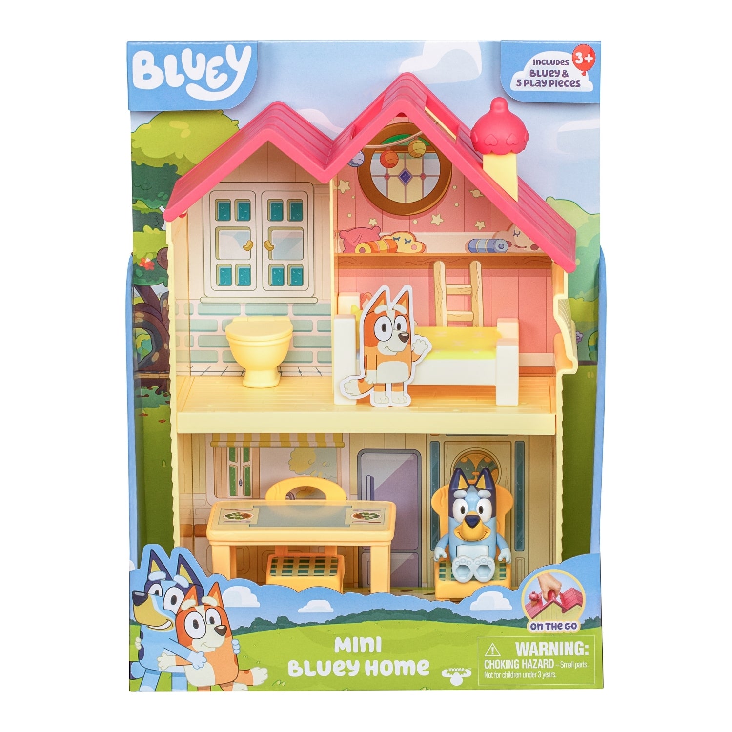 Toy house packaging with 'Bluey' branding and colorful design