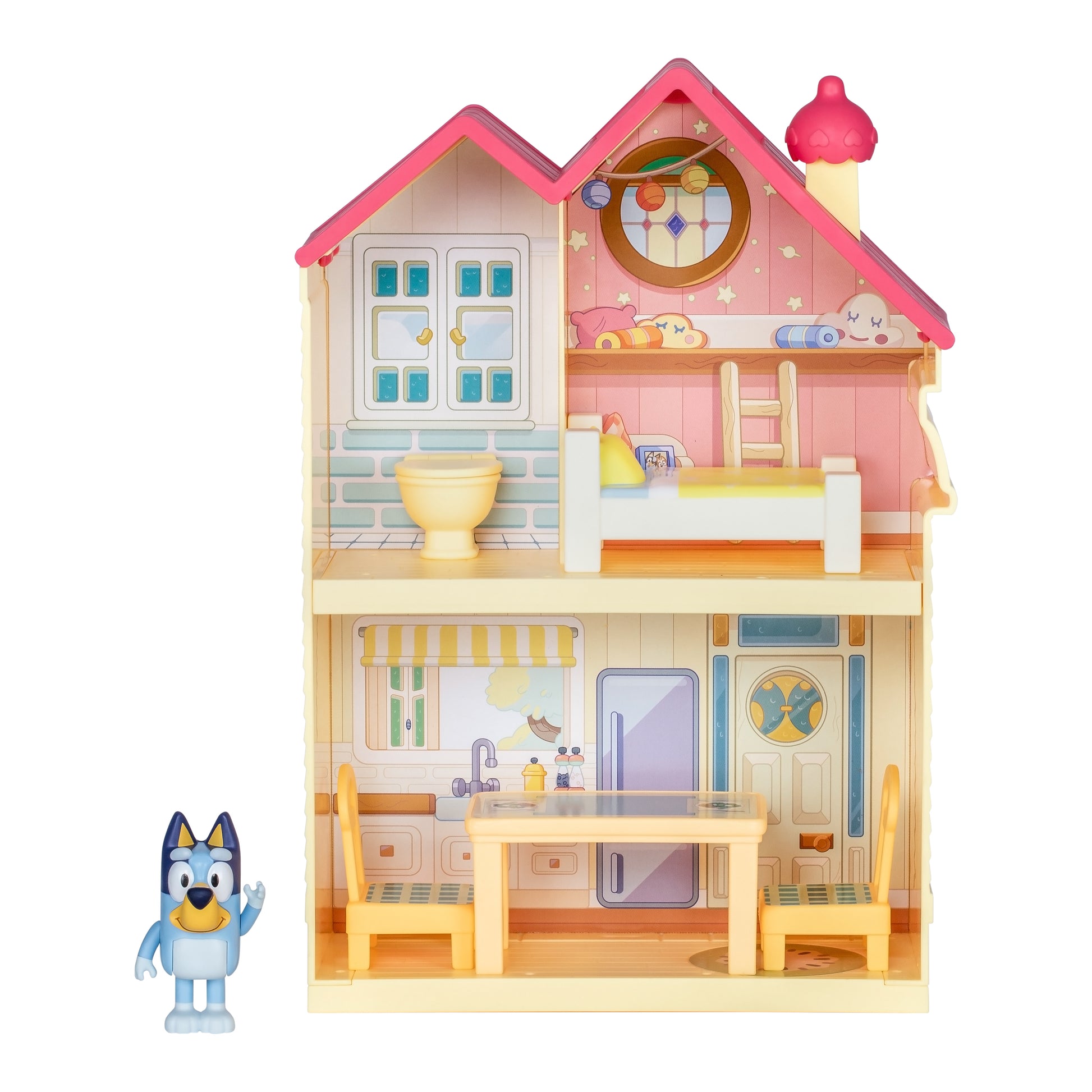 Toy dollhouse with furniture and a character figure on a white background