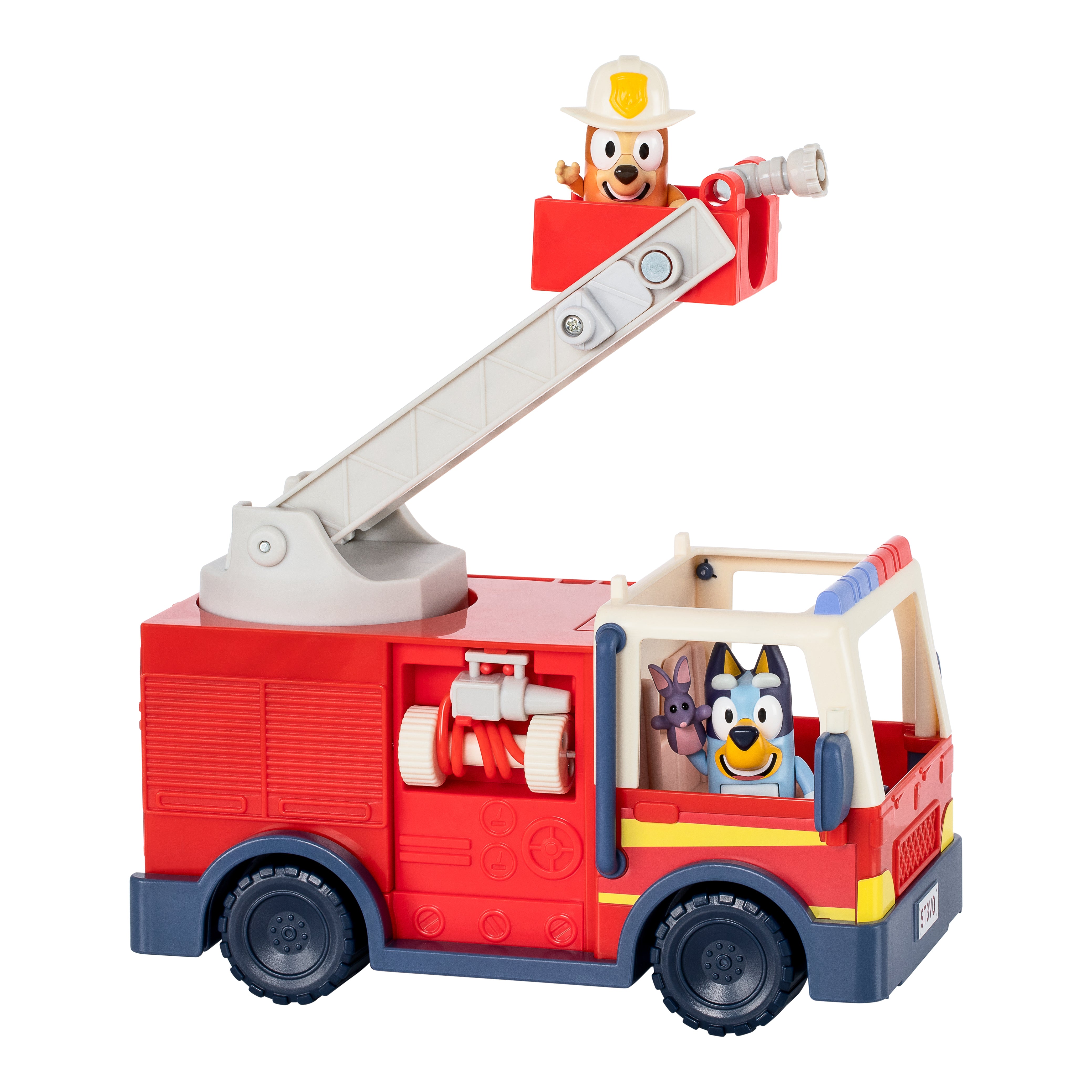 Toy fire truck with characters inside on a white background