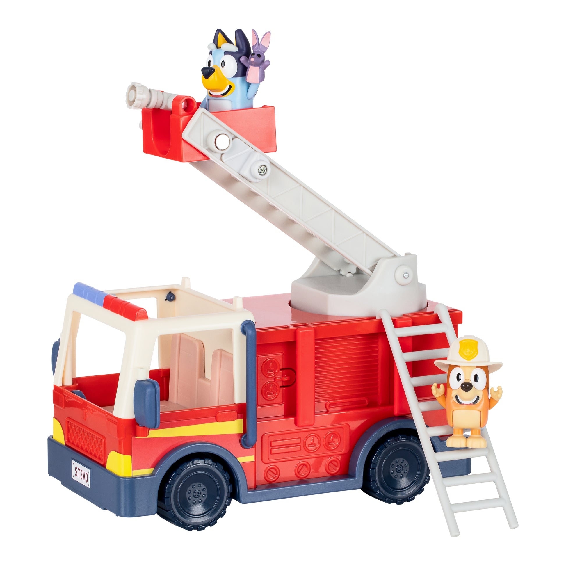 Toy fire truck with characters on a white background