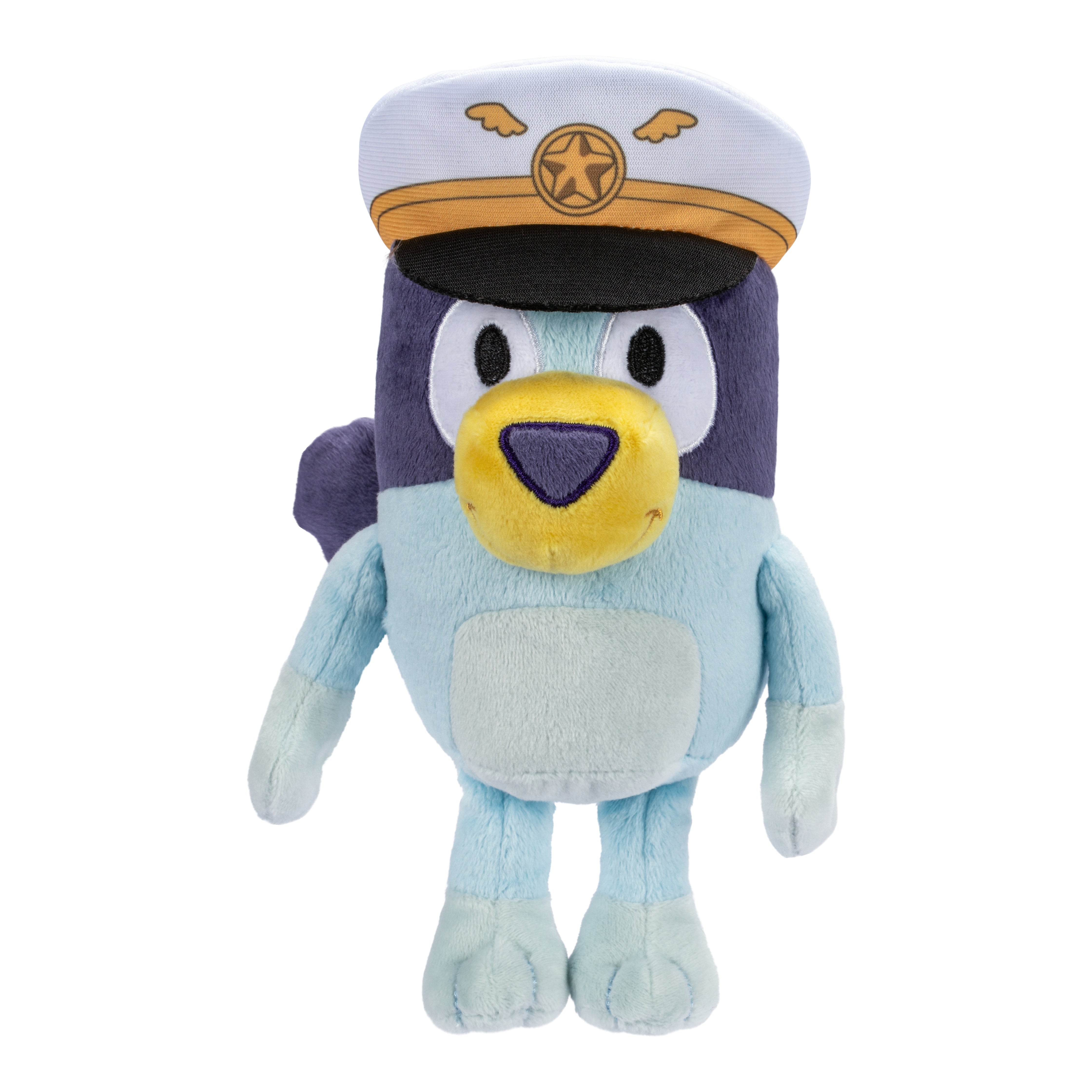 The Moose Toys Bluey S11 Friends Plush features Bluey, the blue dog, with light blue fur, a dark blue tail, yellow nose, and wearing a white captain’s hat with gold wings and a star emblem.