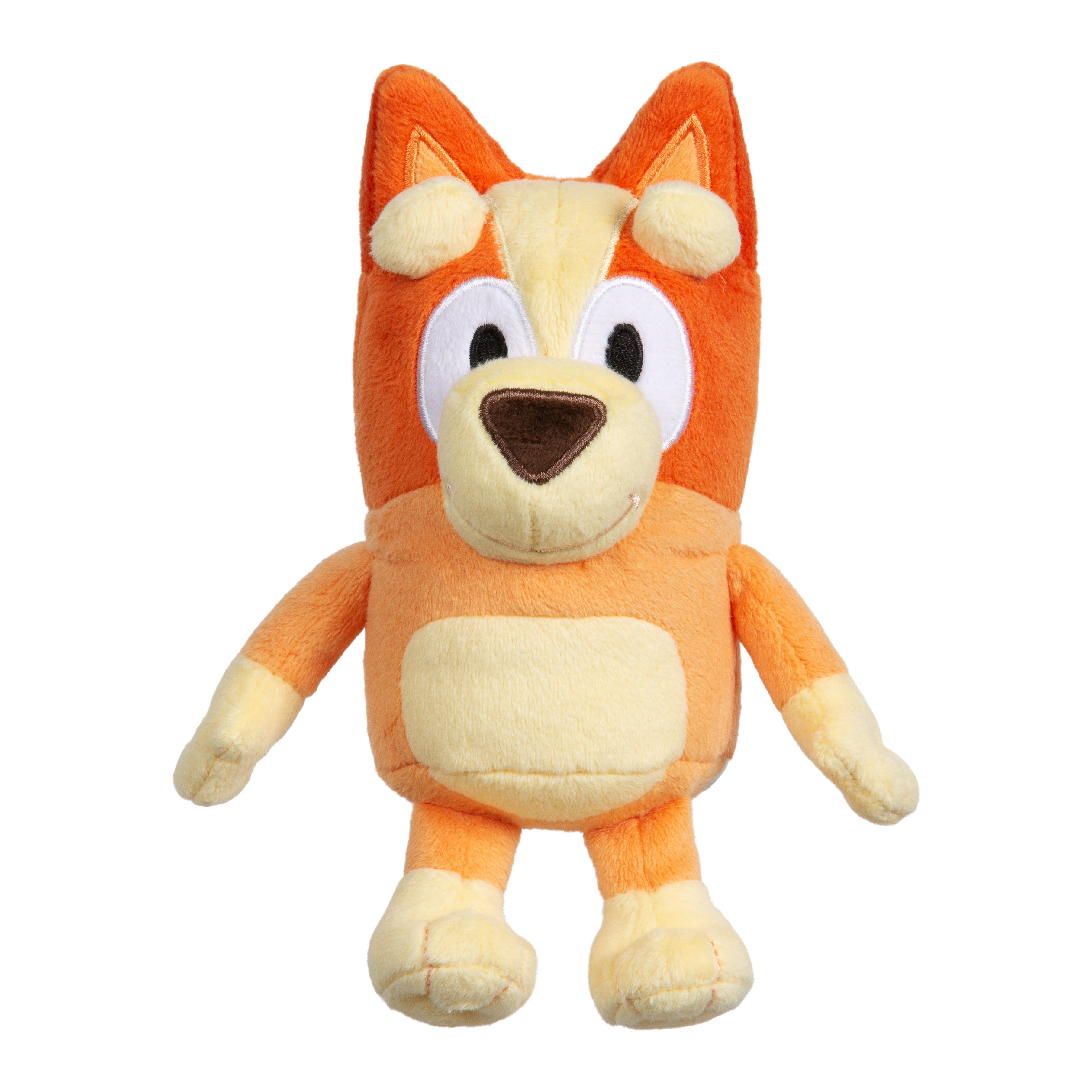 The Moose Toys Bluey S11 Friends Plush is a soft, cuddly stuffed toy of an orange and cream cartoon dog with large eyes, upright ears, a brown nose, light yellow limbs, and a friendly expression.
