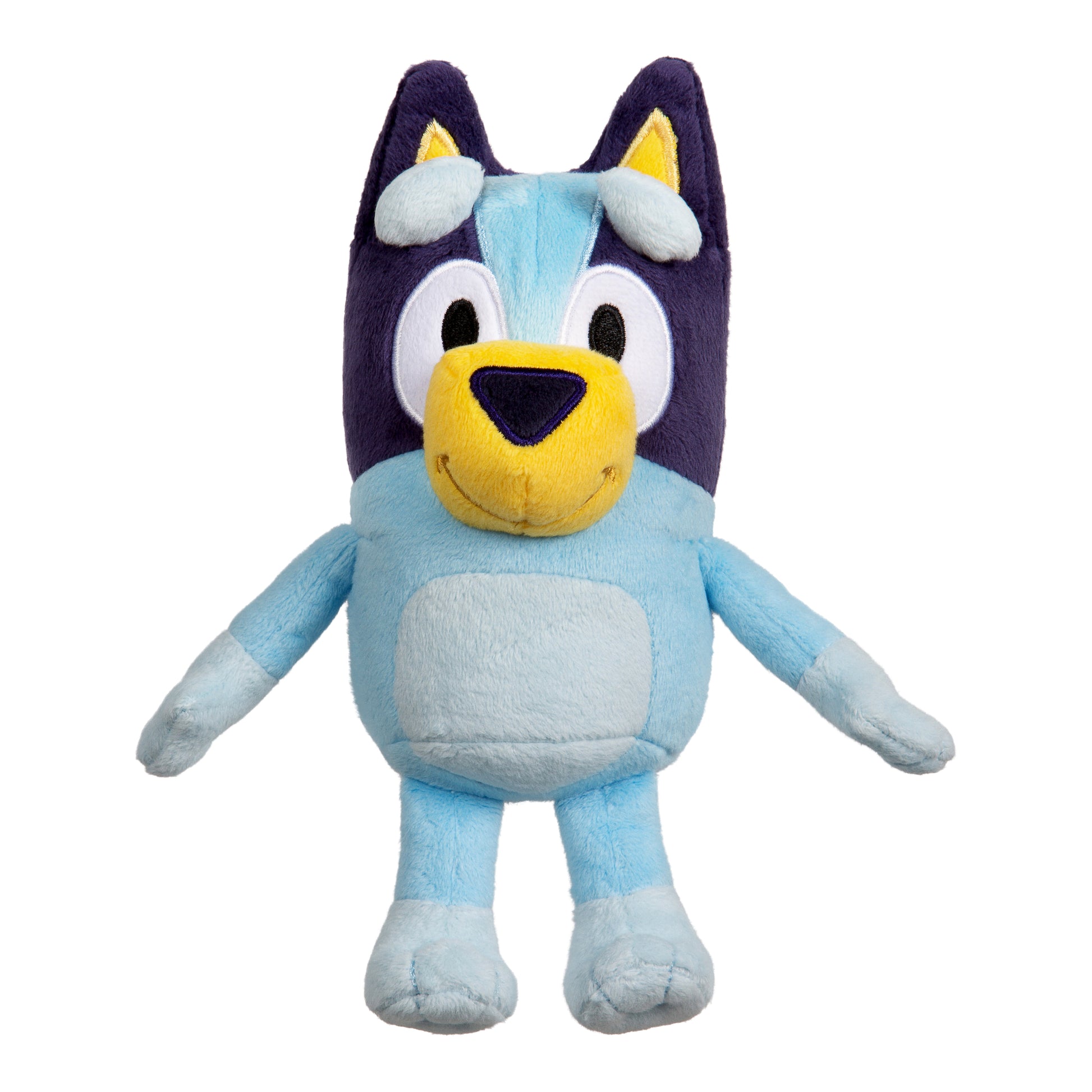 The Moose Toys Bluey S11 Friends Plush is a soft toy of a blue cartoon dog with dark blue ears, a yellow snout, and big white eyes, shown upright on a white background.