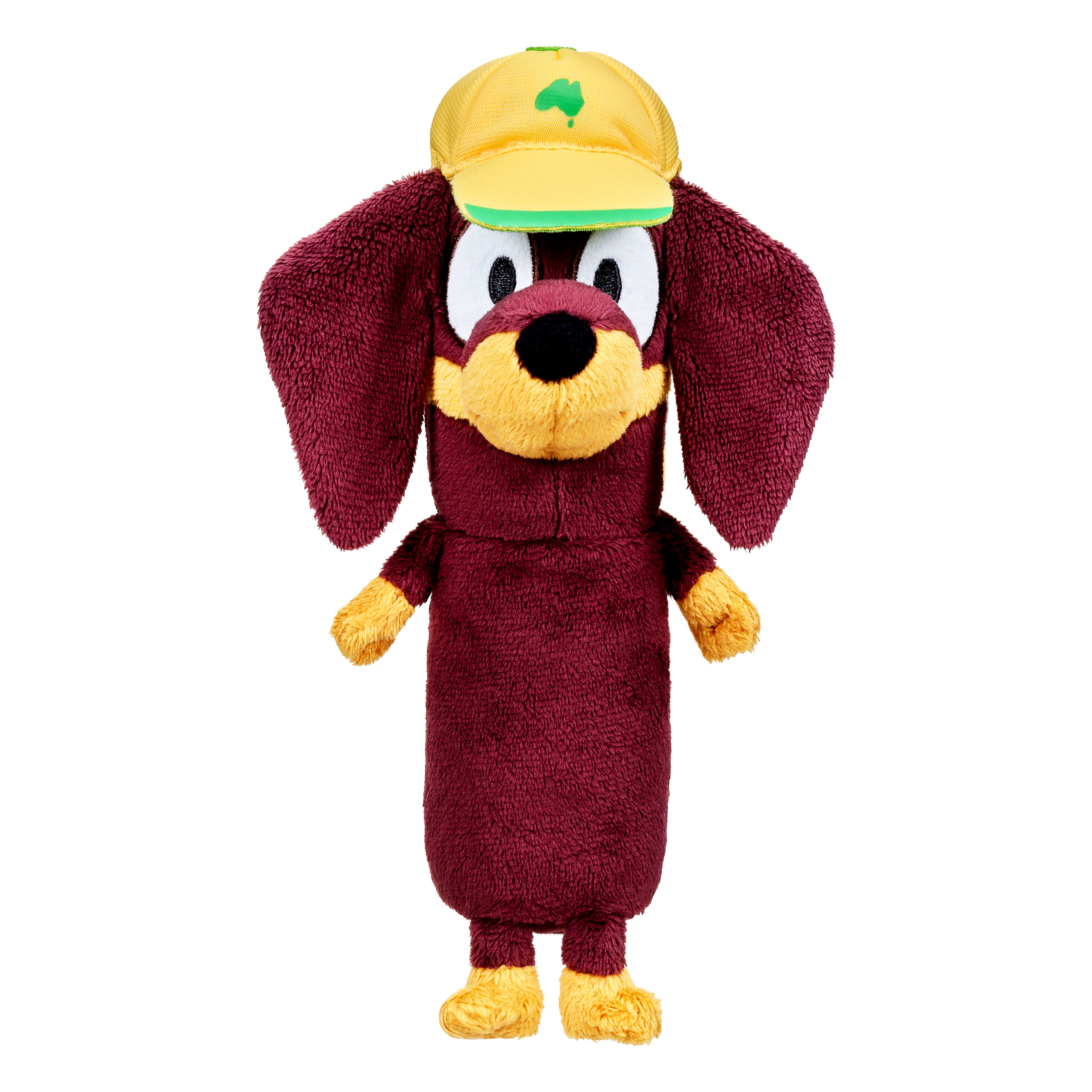 The Moose Toys Bluey S11 Friends Plush is a plush toy dog with maroon fur, large floppy ears, a yellow snout, paws and feet, plus a yellow cap with a green Australia patch, standing upright against a white background.
