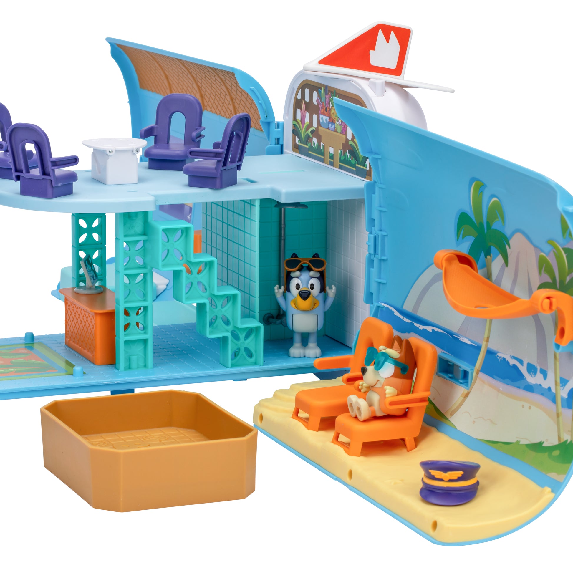 Toy boat with a beach scene and characters on a white background
