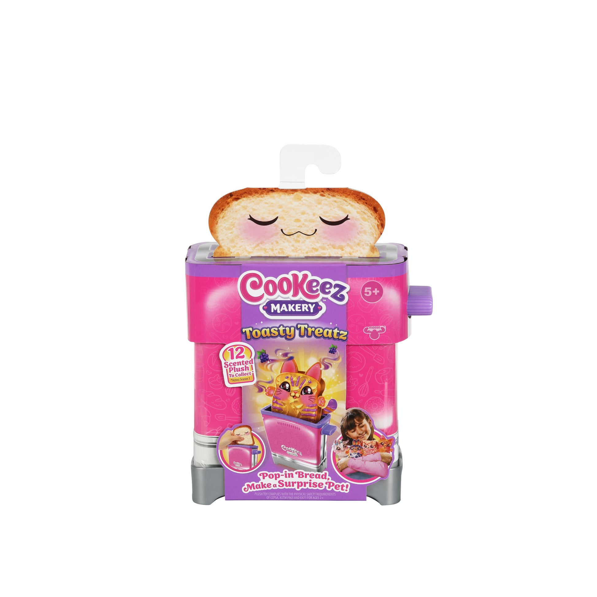 Cookeez Makery Toasty Treatz is a pink toy toaster with a smiling bread slice. Its packaging shows a girl holding a plush pet and pictures of the toaster and plush animal.