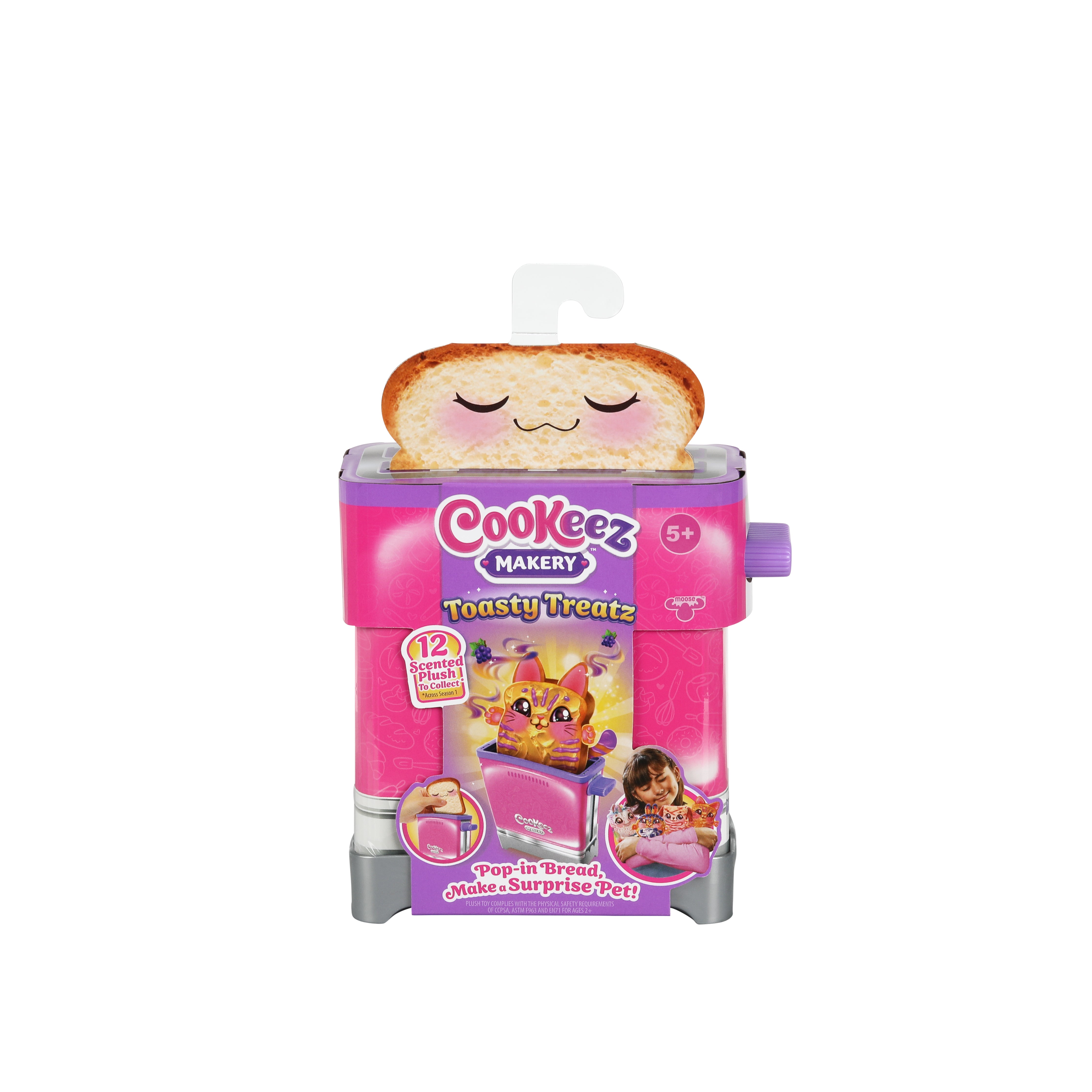 Cookeez Makery Toasty Treatz is a pink toy toaster with a smiling bread slice. Its packaging shows a girl holding a plush pet and pictures of the toaster and plush animal.