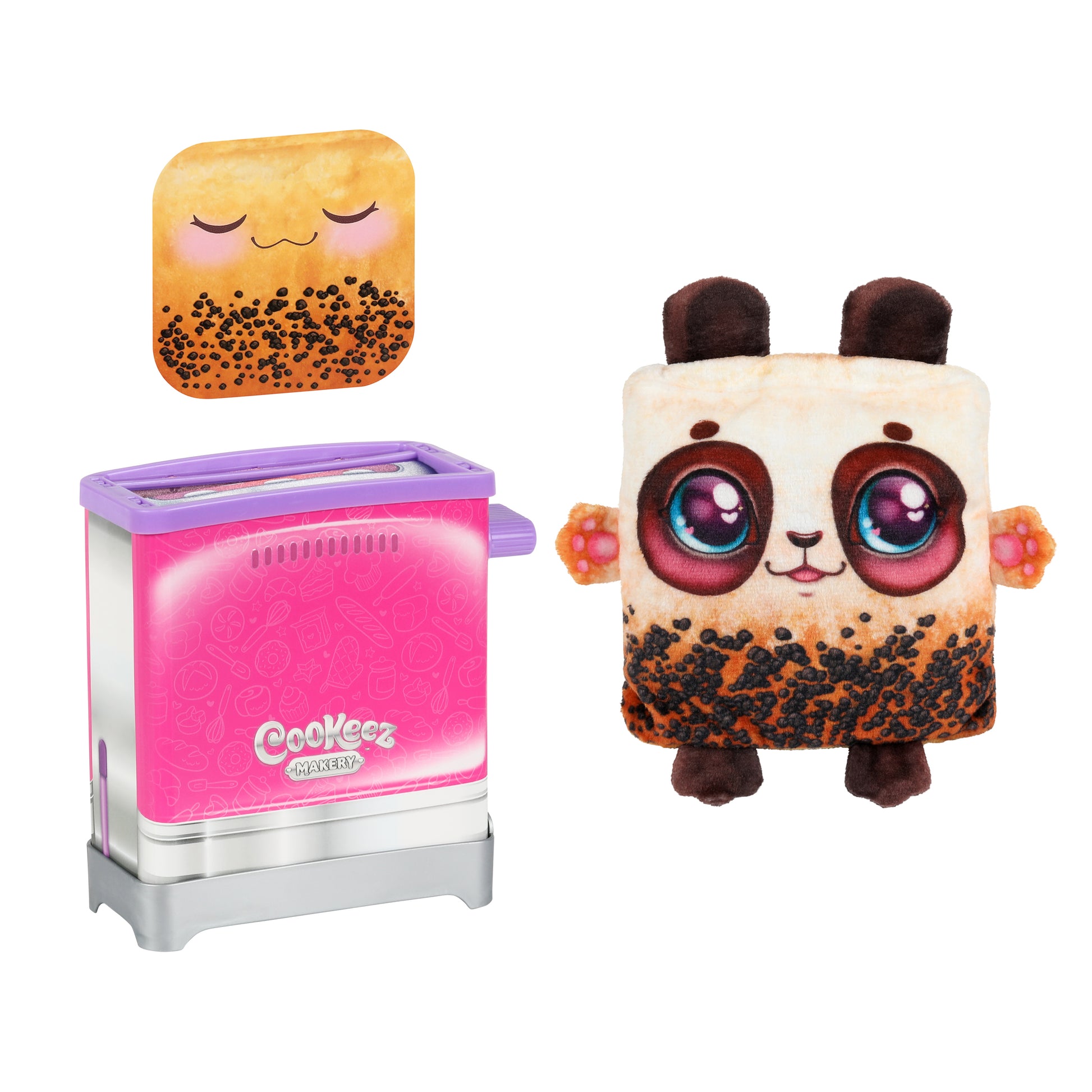 Cookeez Makery Toasty Treatz features a pink toy toaster, a square toasted plush with closed eyes, and another plush with panda-like features and big eyes. Both plushies have a speckled, toasted look.
