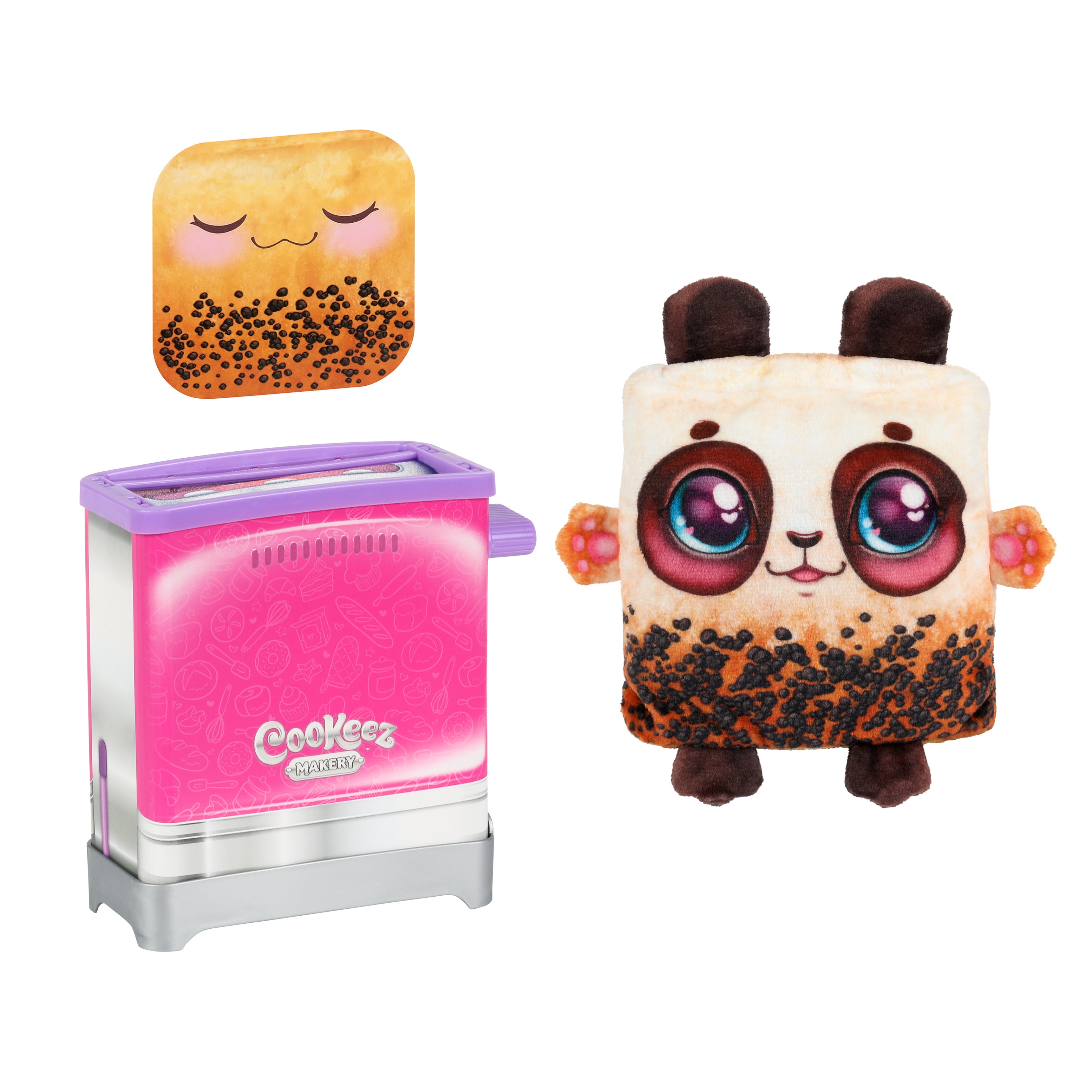 Cookeez Makery Toasty Treatz features a pink toy toaster, a square toasted plush with closed eyes, and another plush with panda-like features and big eyes. Both plushies have a speckled, toasted look.