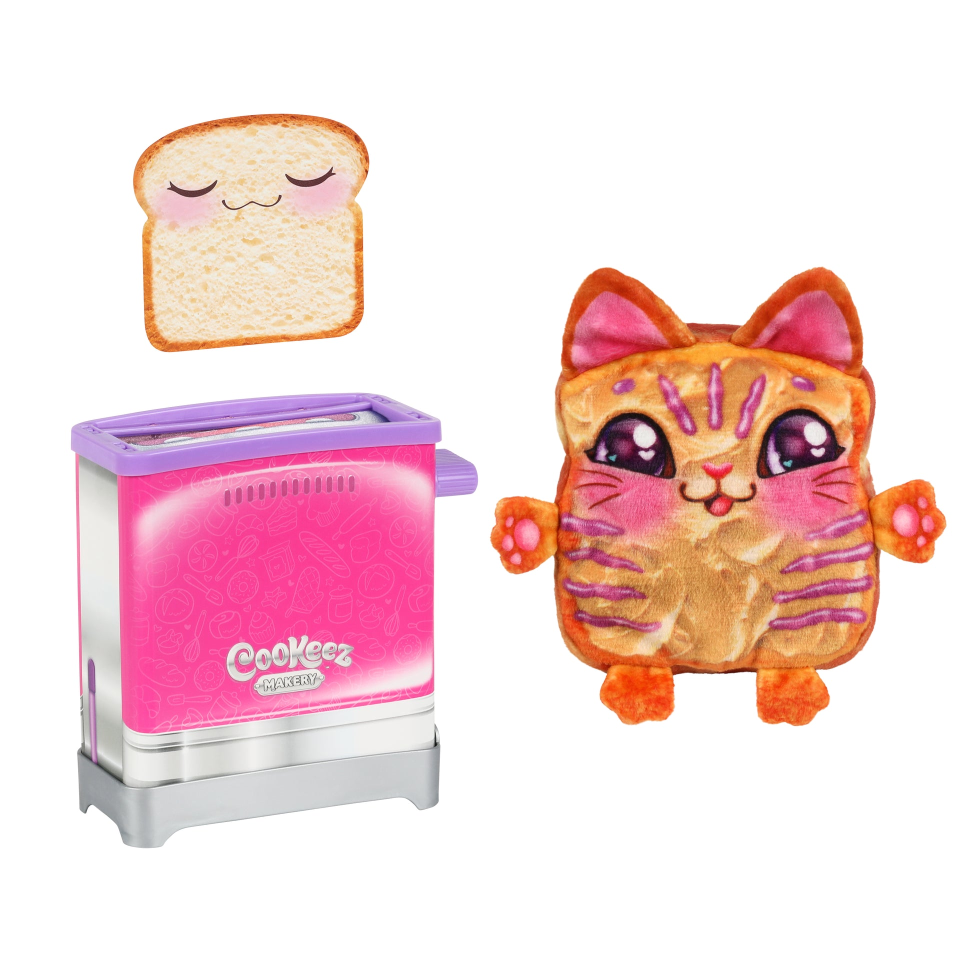 Cookeez Makery Toasty Treatz features a plush smiling cat, a pink toaster labeled Cookeez Makery, and an adorable bread slice with a face sitting above the toaster.