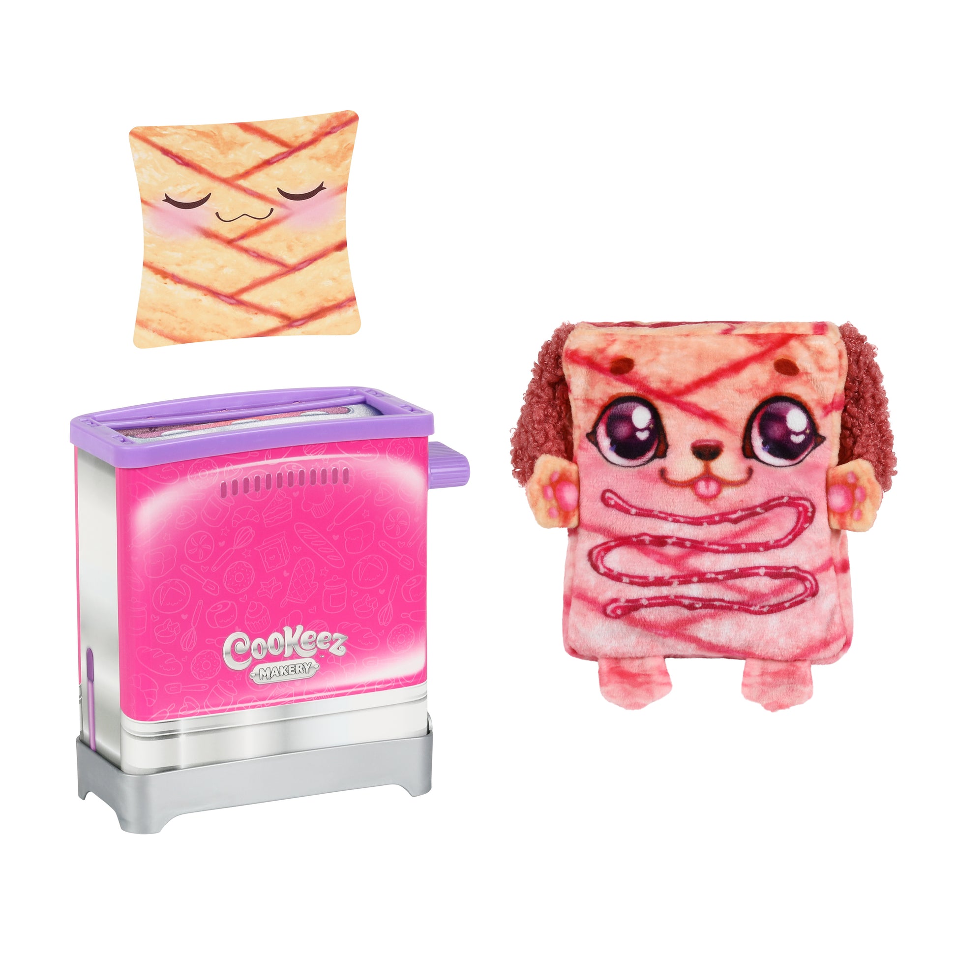 Cookeez Makery Toasty Treatz includes three toys: a pink and silver toaster, a smiling square pastry-themed plush, and a larger dog-like plush with pastry markings and floppy ears.